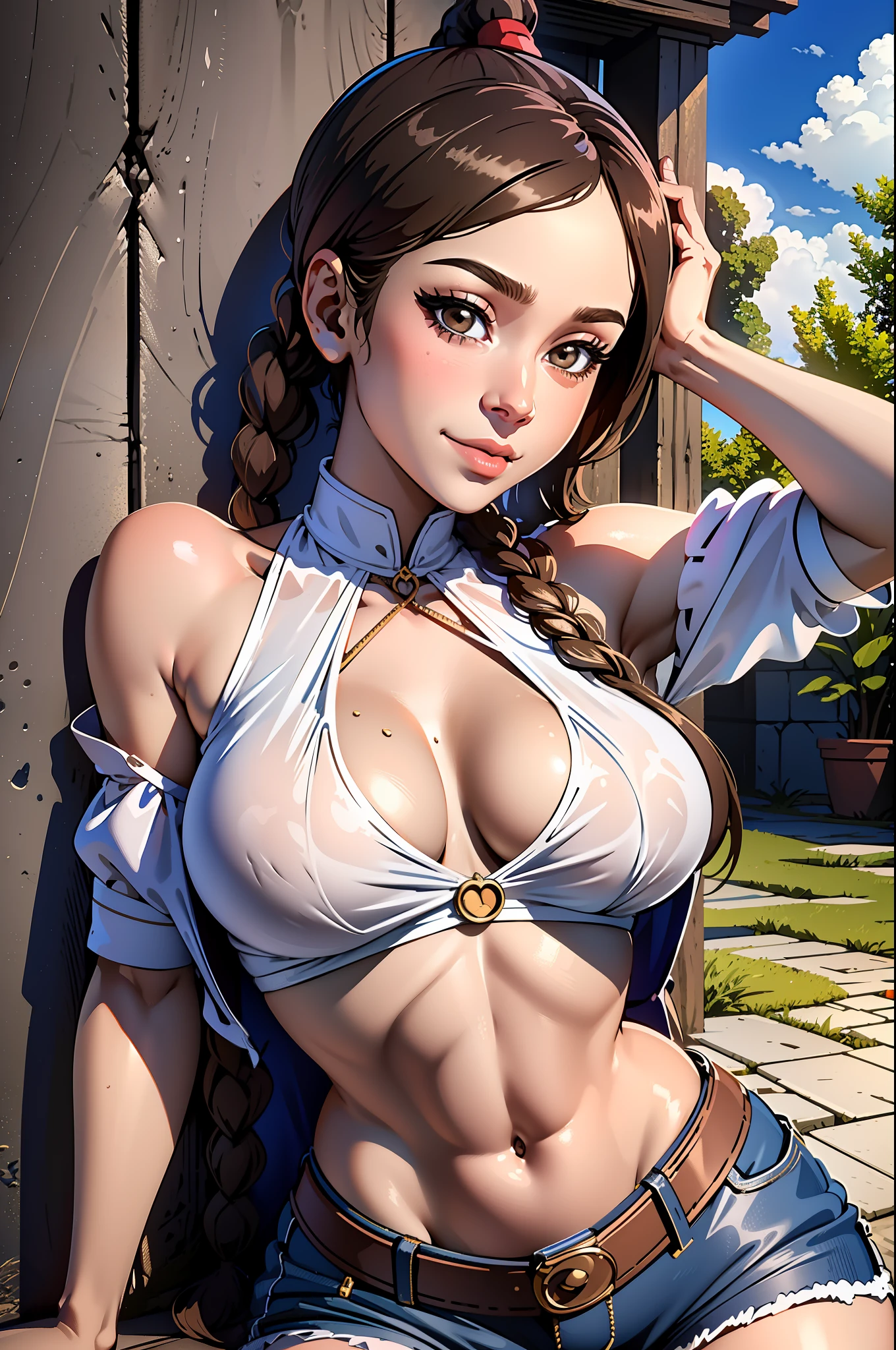 ultra-realistic 8K CG, masterpiece, ((ultra detailed background, fine drawing, intricate details, high detail, better quality fine details, hyper-detailed face)), (photorealistic: 1.4), beautiful lighting, absurdity, RAW photo, film grain, TyLee, 1girl, solo, brown hair, braid, smile, long hair, brown eyes, navel, belly, braided tail, (short shorts, wet shirt), (medium breasts, slim girl, wide hips, ass), squats, spread legs, ((complex detailed background, outside, medieval background, blue sky, tavern)), erotica, wet skin
