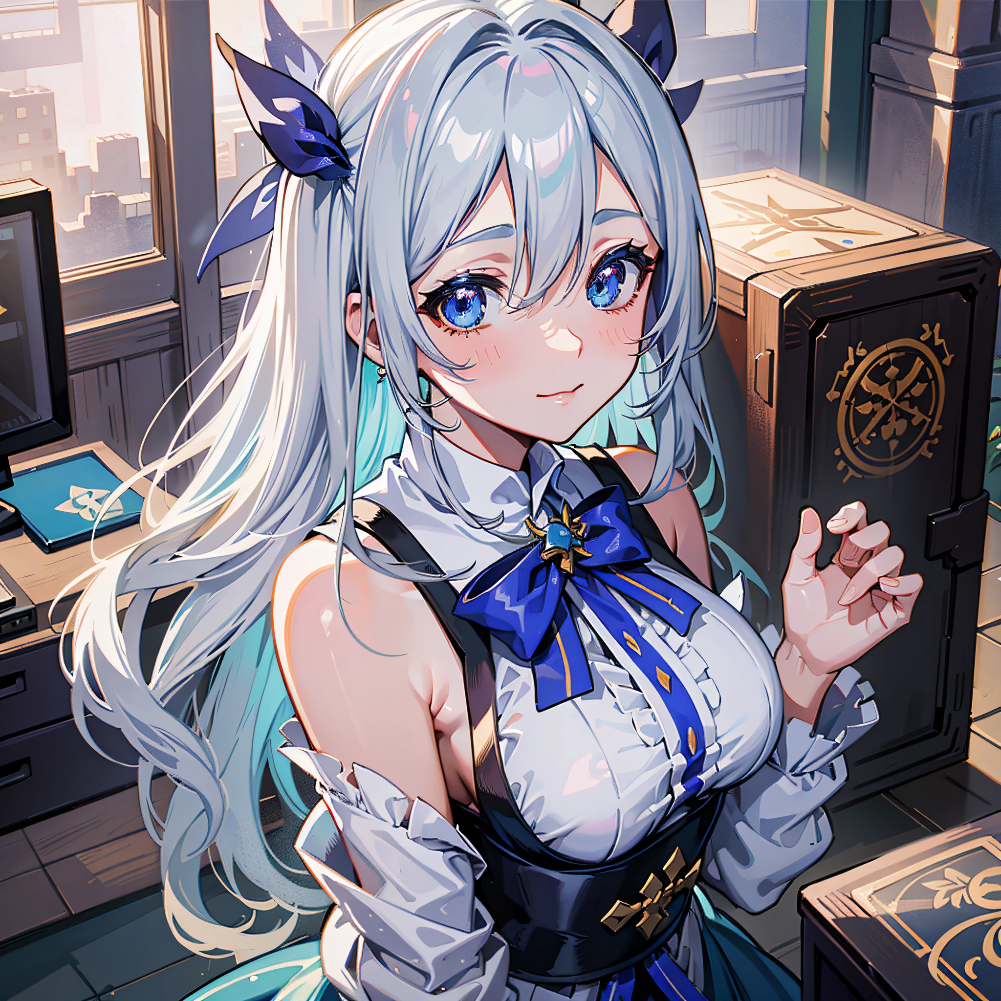 ((Best Quality, 8K, Best Masterpiece)) Anime characters with long gray hair and blue eyes, Anime visuals of young women, Today's featured anime stills, God of White Hair, official art, cute girl anime visuals, Popular isekai anime, Tsuaii, Marisa Kirigami, Anime movies, TV anime still, Isekai, Hestia, Albedo of Anime Overlord Transparency 　Blue small ribbon smile
