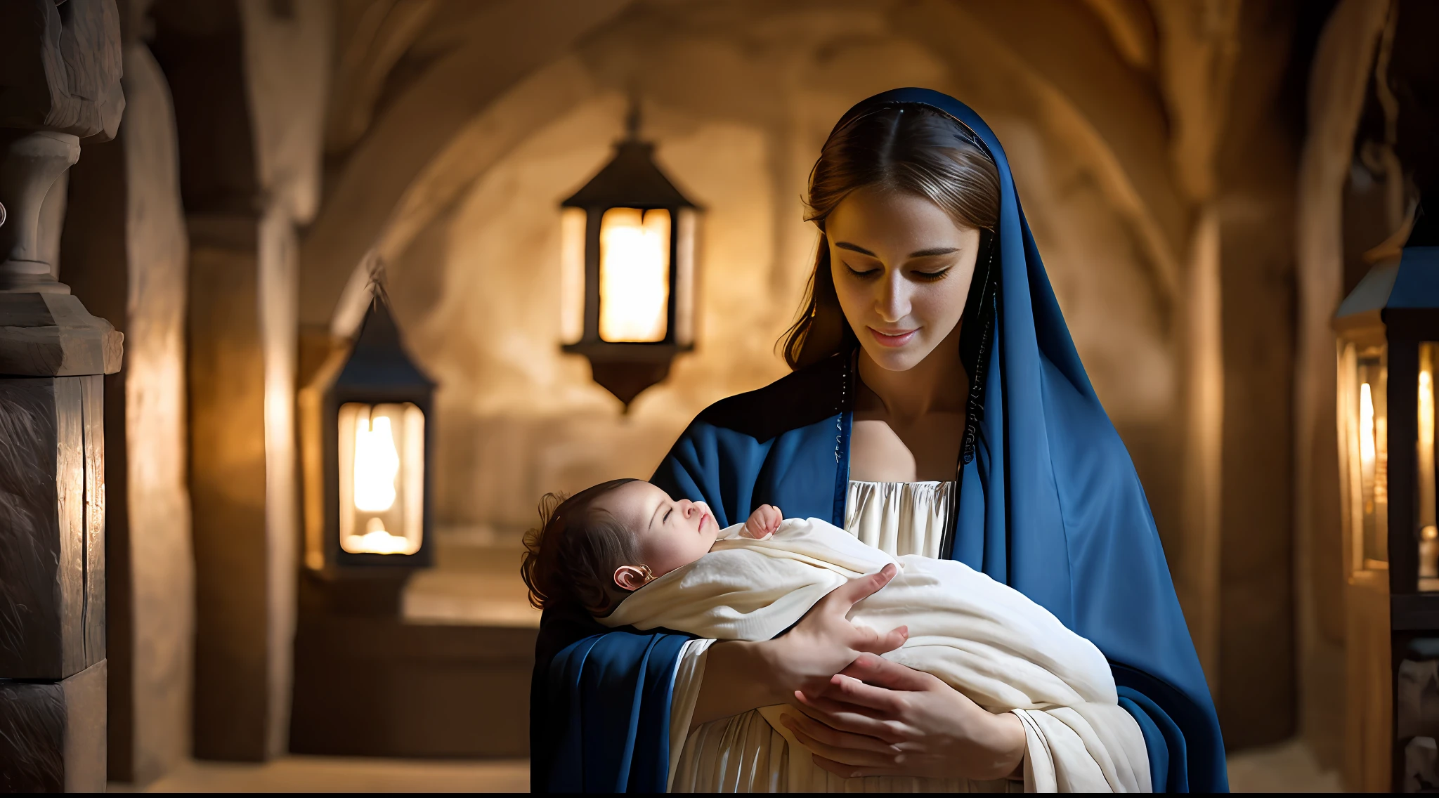 Ancient Israel, biblical times, 1st century birth of Jesus Christ, Mary holding a baby, small stable, midnight, small lights, 8k, RAW photos, highest quality, masterpiece: 1.5, ulra high resolution, photorealistic: 1.5, cinematic lights, soft volumetric lighting: 1.5, realistic, photorealistic: 1, detailed skin, professional lighting, photography, Sharp Focus, Detail, Professional Lighting, Photon Mapping, Detailed and Complex Environments, Highly Detailed, Top Quality, Artistic Photography, Photorealistic Concept Art, Soft Natural Volumemetric Cinematic Perfect Light, Mid Journey