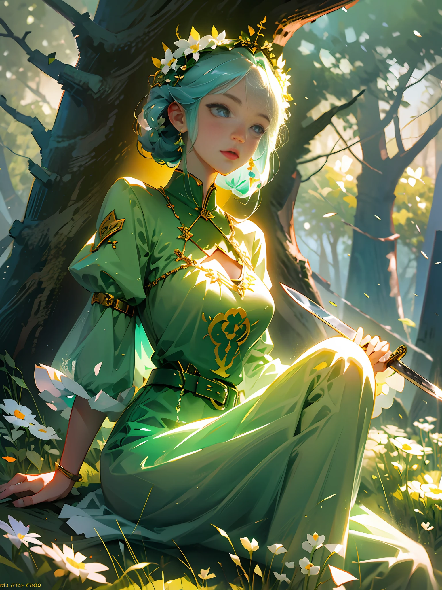 Anime girl sitting on a field of flowers with a sword, Fey Queen of the Summer Forest, Girl wearing a flower suit, Girl style, - Haired princess, Digital Anime --auto --s2