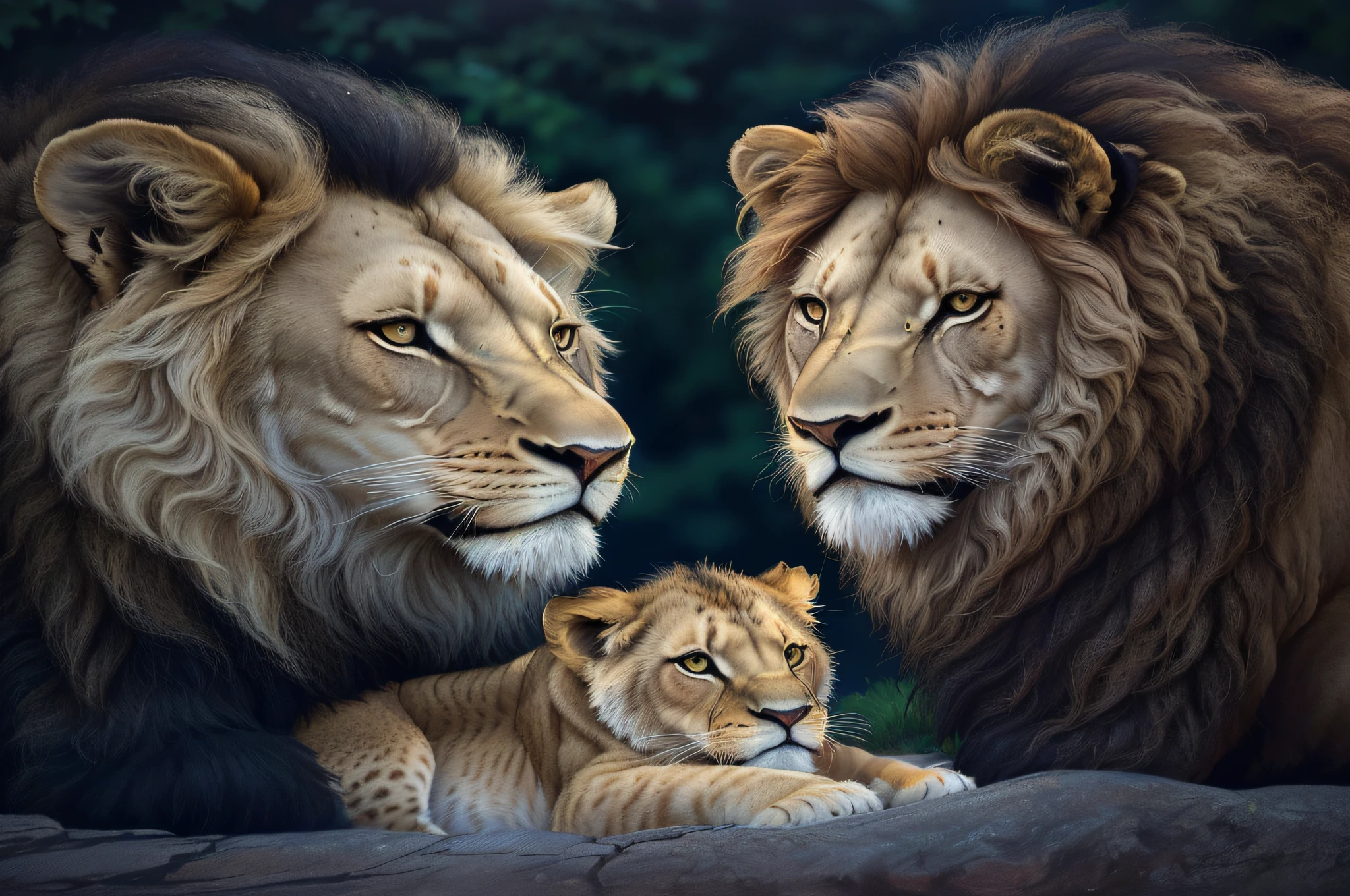 painting of a lion and her cub resting on a rock, lions, family portrait, majesty, proud looking, realistic illustration, amazing art, detailed beautiful animals, prideful look, proud look, ultra realistic illustration, by László Balogh, lion, realistic picture, realistic art, highly realistic photo, realistic scene, handsome stunning realistic, happy family