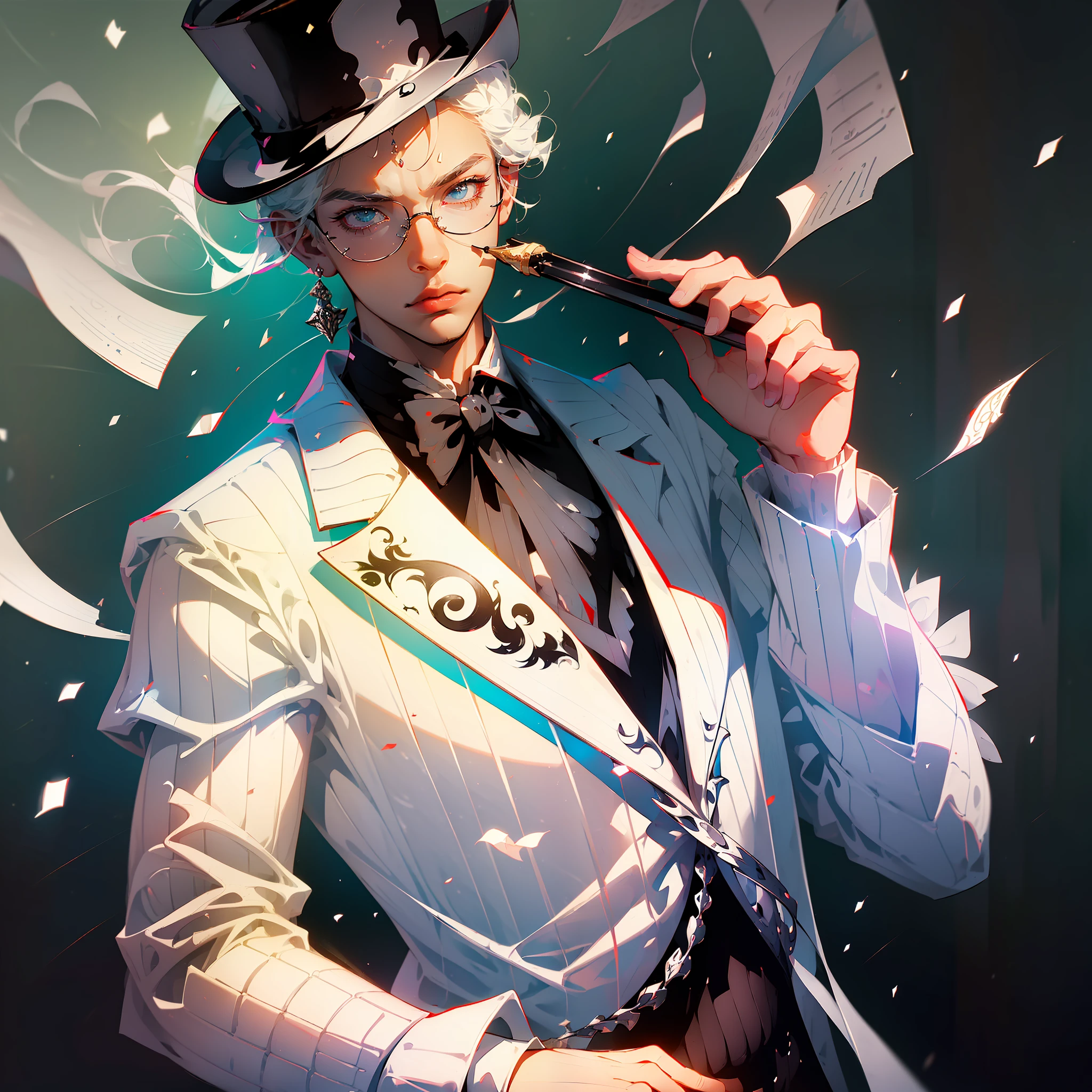 ((white suit:white:1.1+black:0.9)+(nobleman,top hat:(white:1.1+black:0.9)),(stylish glasses,expensive cane):1.2),(imposing pose,sideways glance):1.05,cartoon style, anime, manga,soft lighting:0.5)