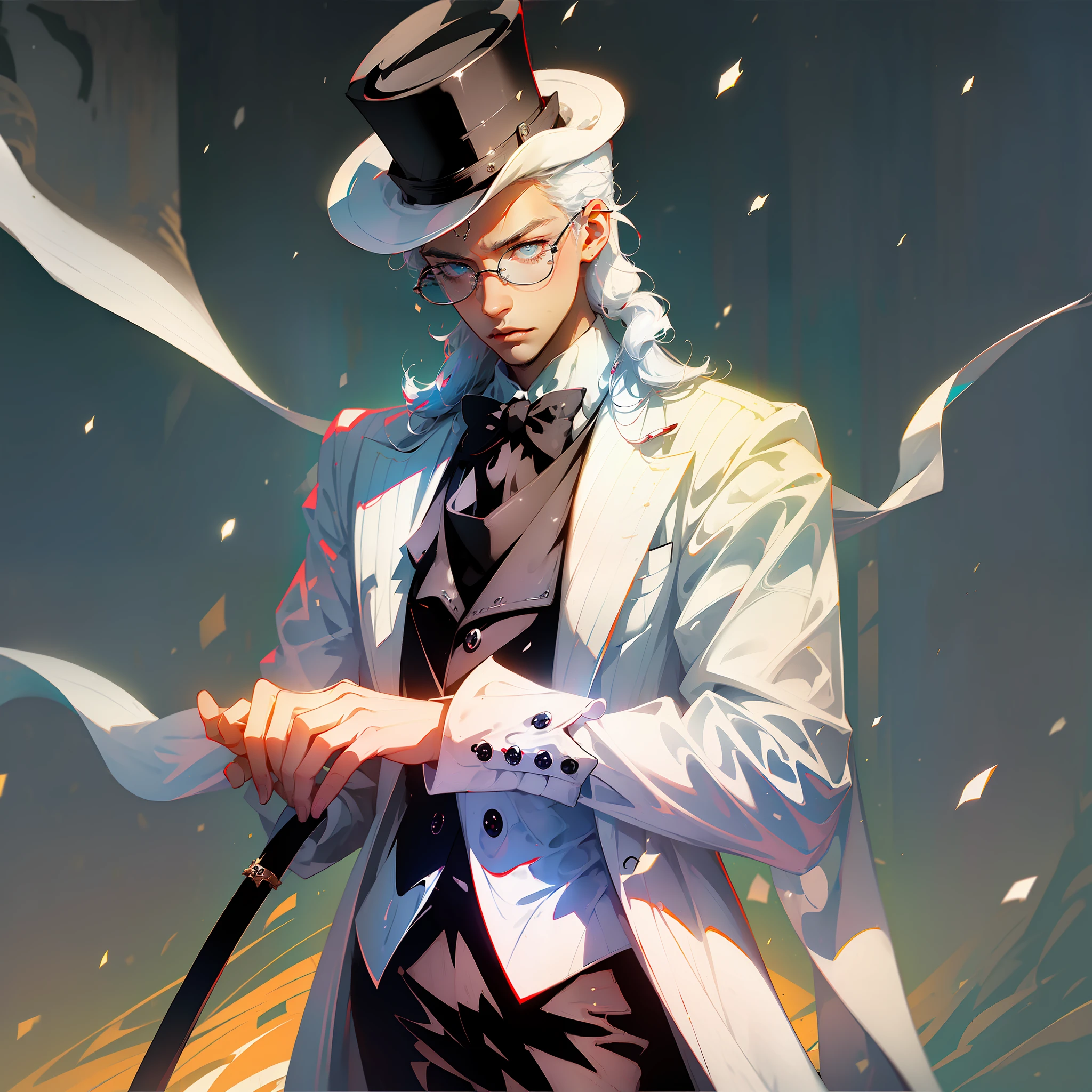 ((white suit:white:1.1+black:0.9)+(nobleman,top hat:(white:1.1+black:0.9)),(stylish glasses,expensive cane):1.2),(imposing pose,sideways glance):1.05,cartoon style, anime, manga,soft lighting:0.5)