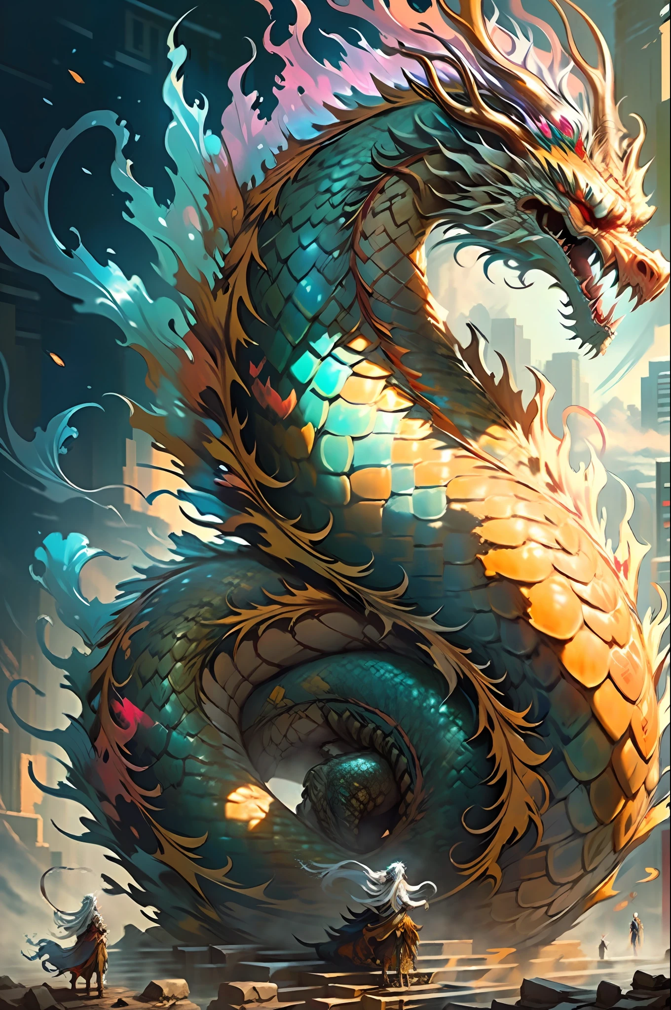 Best quality, masterpiece, super high resolution, no human, (length: 1.2), (fine: 1.2), snake body, long hair, sharp teeth, red eyes, teeth, giant, 1 girl, bird, outdoors, standing, scale, cloud, horn, from behind, armor, sky, open mouth, confrontation, charge, monster, size difference, white hair, buildings, valley, (realistic texture: 1.2), (glowing multicolored scales: 1.2), (realistic details: 1.2), ([front|side] :1.1), HDR, ultra-refined 3D modeling, as magical as the style paintings painted by Tim Burton, Dale Chihuly, Xiaolongcheng, Cyril Rolando and other authors such as Jr. Gigue. Shadows and lighting intertwine to create brilliant effects.