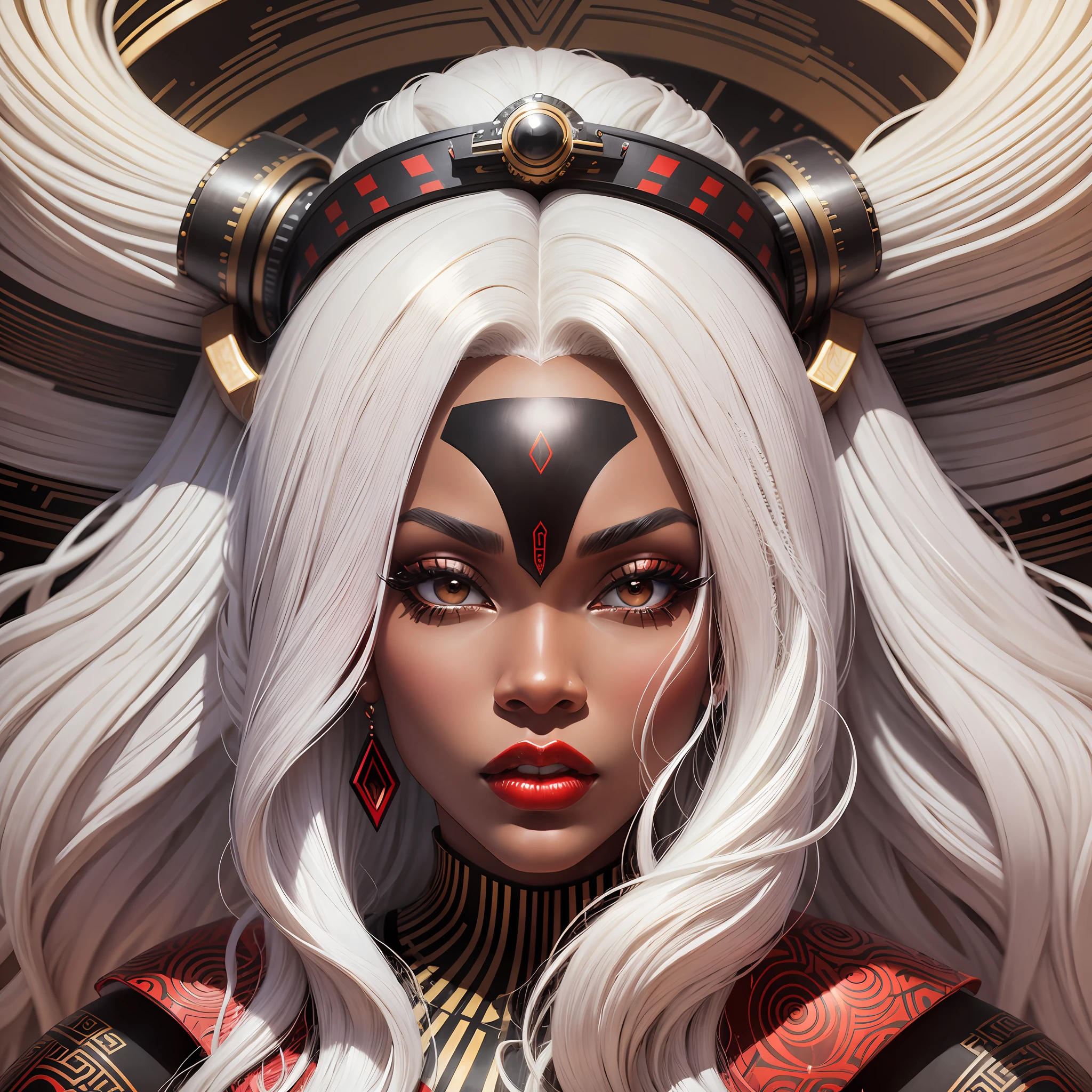 3d abstract sycamore woman with long curly white hair, in the style of glamorous hollywood portraits, red lips, afrofuturism, linear  
 illustrations, african influlence,close-up intensity, black, matte drawing, wavy, painted illustrations --auto --s2