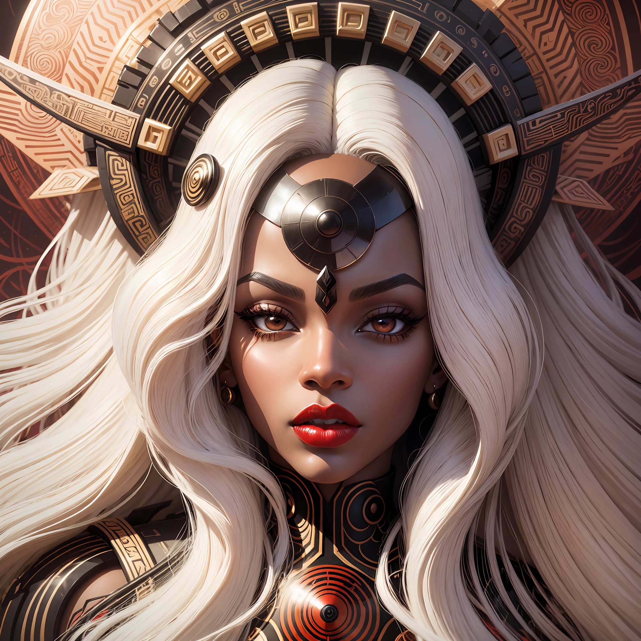 3d abstract sycamore woman with long curly white hair, in the style of glamorous hollywood portraits, red lips, afrofuturism, linear
illustrations, african influlence,close-up intensity, black, matte drawing, wavy, painted illustrations --auto --s2