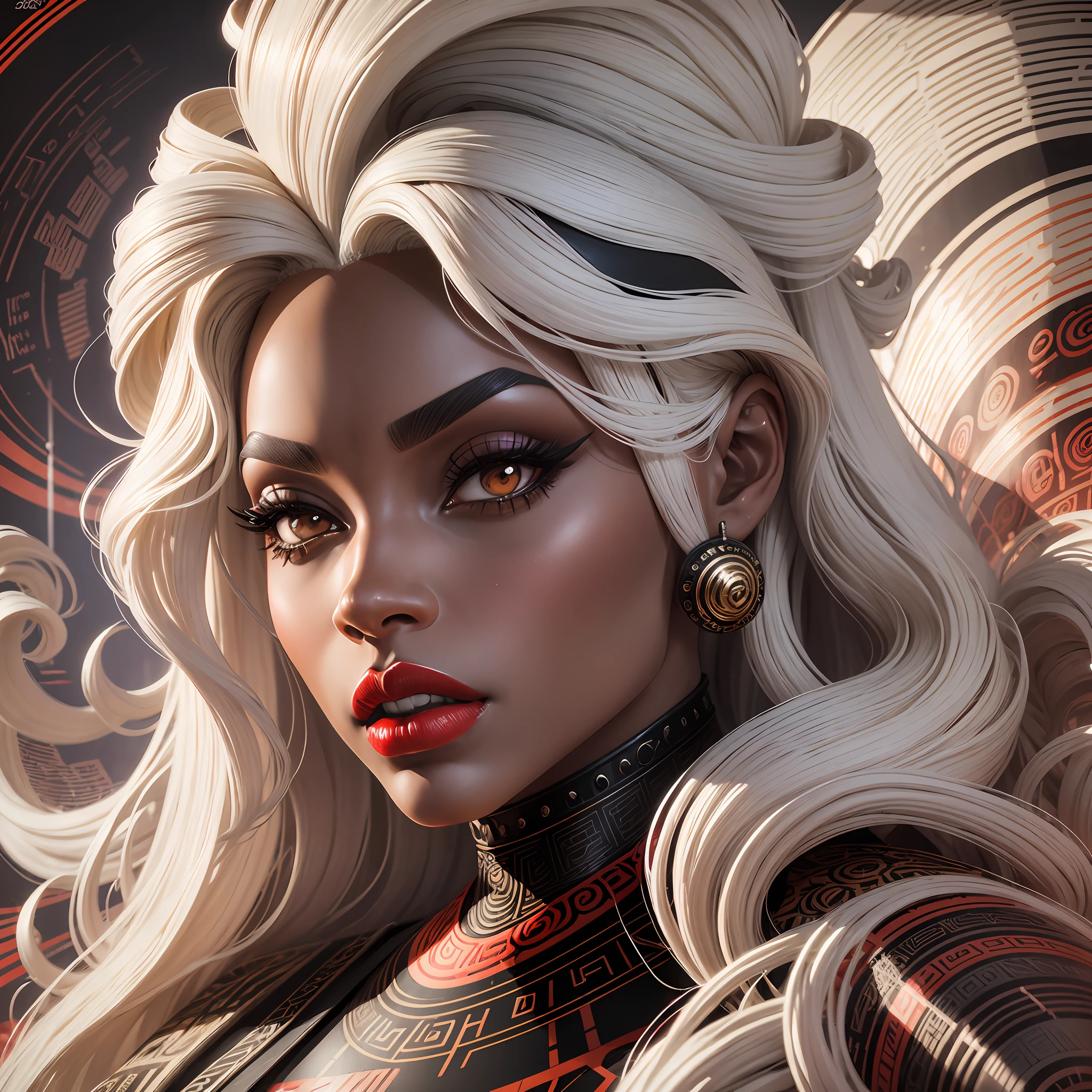 3d abstract sycamore woman with long curly white hair, in the style of glamorous hollywood portraits, red lips, afrofuturism, linear  
 illustrations, african influlence,close-up intensity, black, matte drawing, wavy, painted illustrations --auto --s2