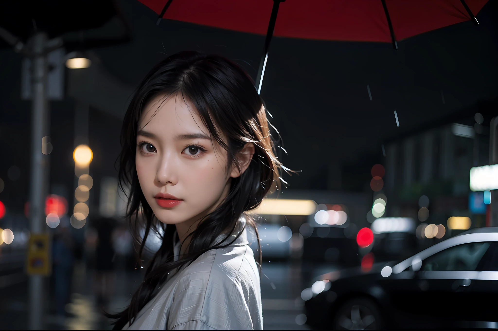Realistic, close-up, high detail original color photo professional, high detail face, night, night scene, a beautiful woman in cheongsam, side shot, holding an umbrella, walking alone on the streets of Hong Kong, wind and rain, rain sounding, 1980, dramatic color grading, dynamic angles, detail wearing, hyper-detail face and eyes, bokeh, du ke feng photography,