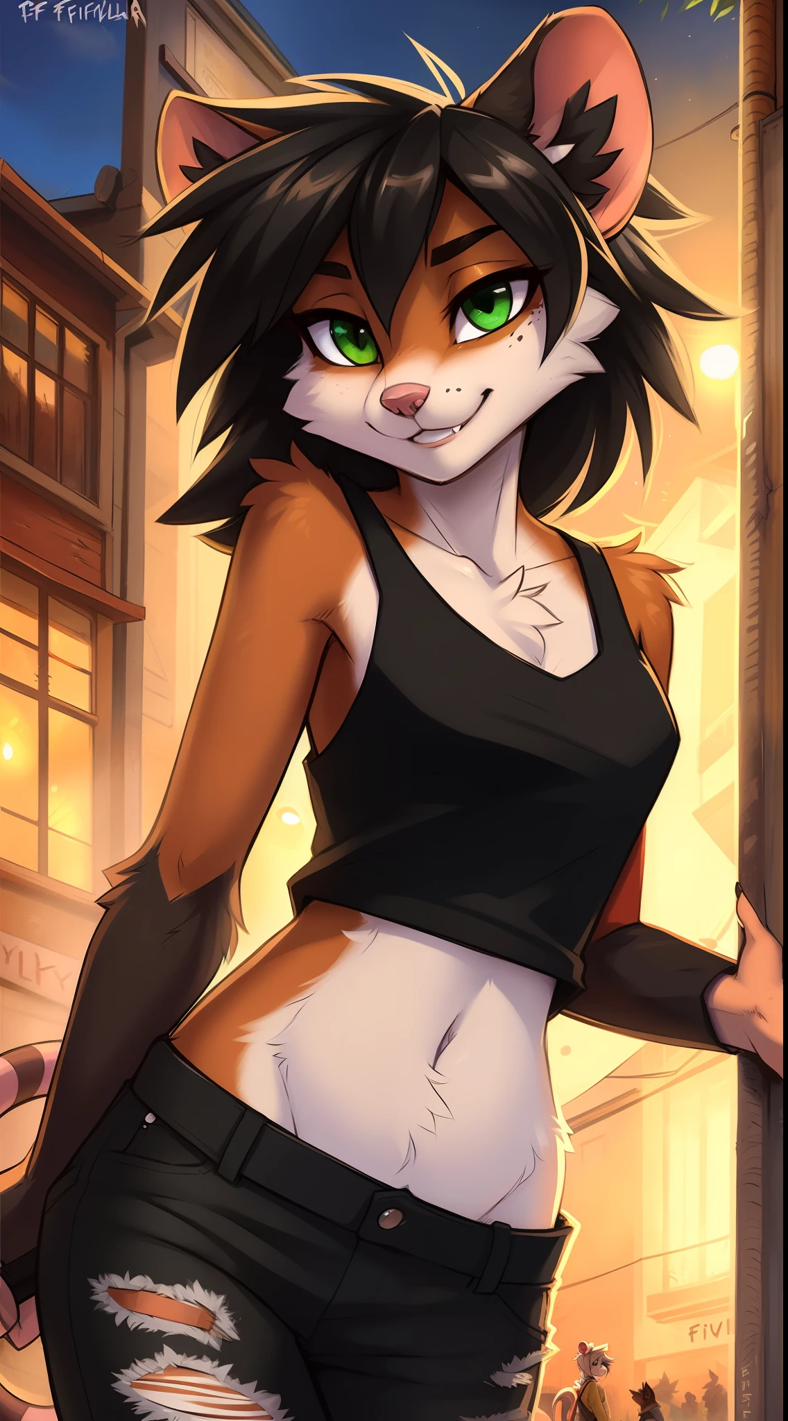 (best quality: 0.8), (best quality: 0.8), perfect anime illustration, extreme close-up portrait of a pretty woman walking around town, opossum girl, torn black tank top, black long pants, black sneakers, green eyes, detailed fur, detailed body, detailed lighting, beautiful, by fluff-kevlar, by Zackary911, by Kenket, by Kilinah, by fluff-kevlar