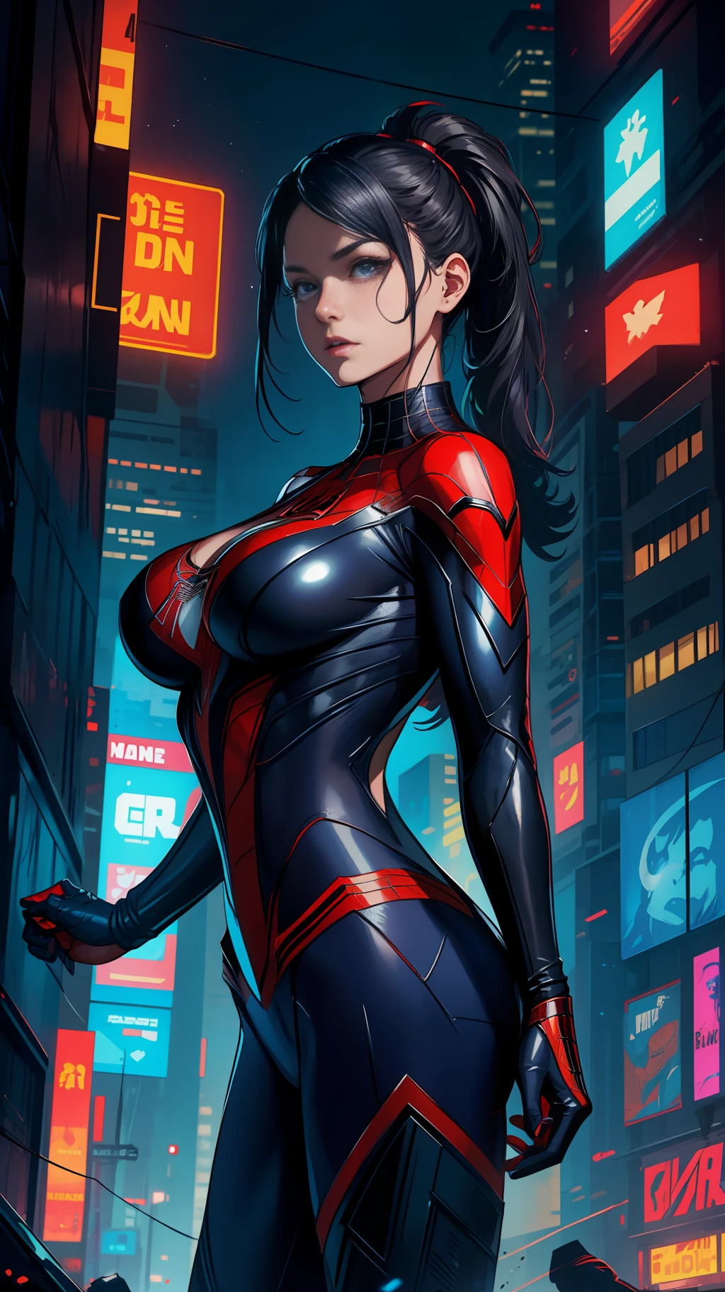 Spider-Man, Cyberpunk, 8k. Female, highest image quality, big breasts, royal sister, soft face