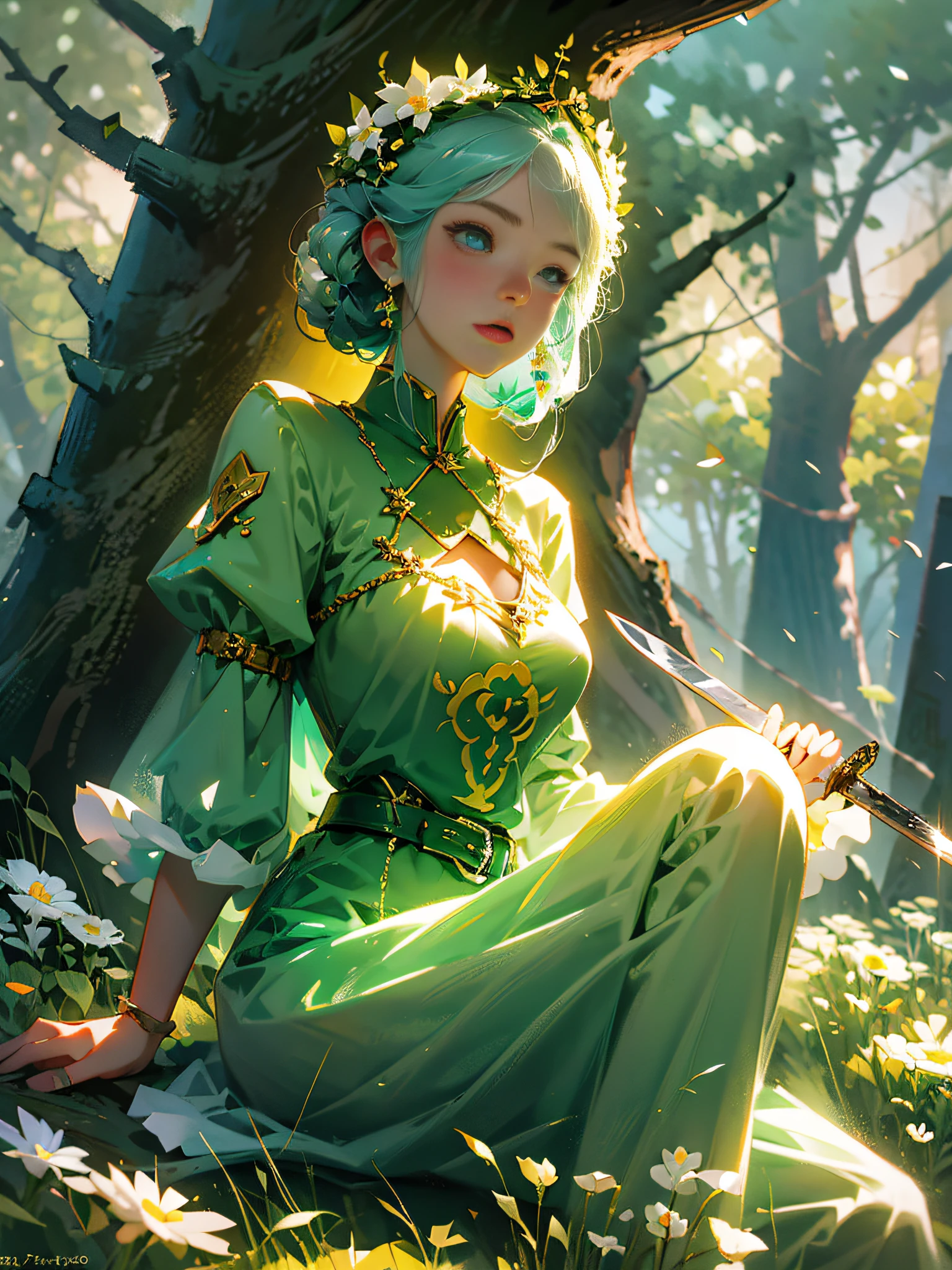 Anime girl sitting on a field of flowers with a sword, Fey Queen of the Summer Forest, Girl wearing a flower suit, Girl style, - Haired princess, Digital Anime --auto --s2