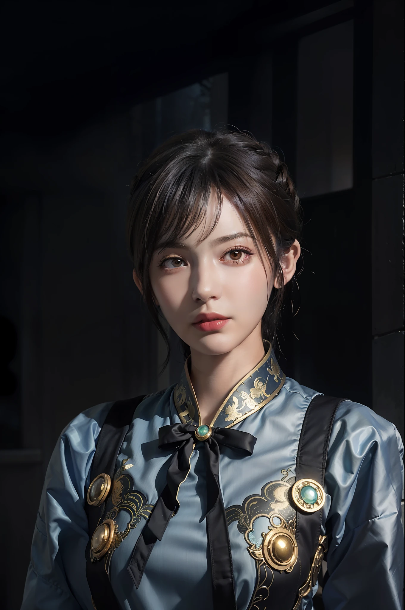 Surrealistic female portraits by David Hockney and Alphonse Mucha, fantasy art, photorealism, dynamic lighting, artstation, poster, volumetric lighting, very detailed faces, 4k, award-winning, 1girl, in the dark, deep shadows, low-key, cheongsam, long hair, gray hair,