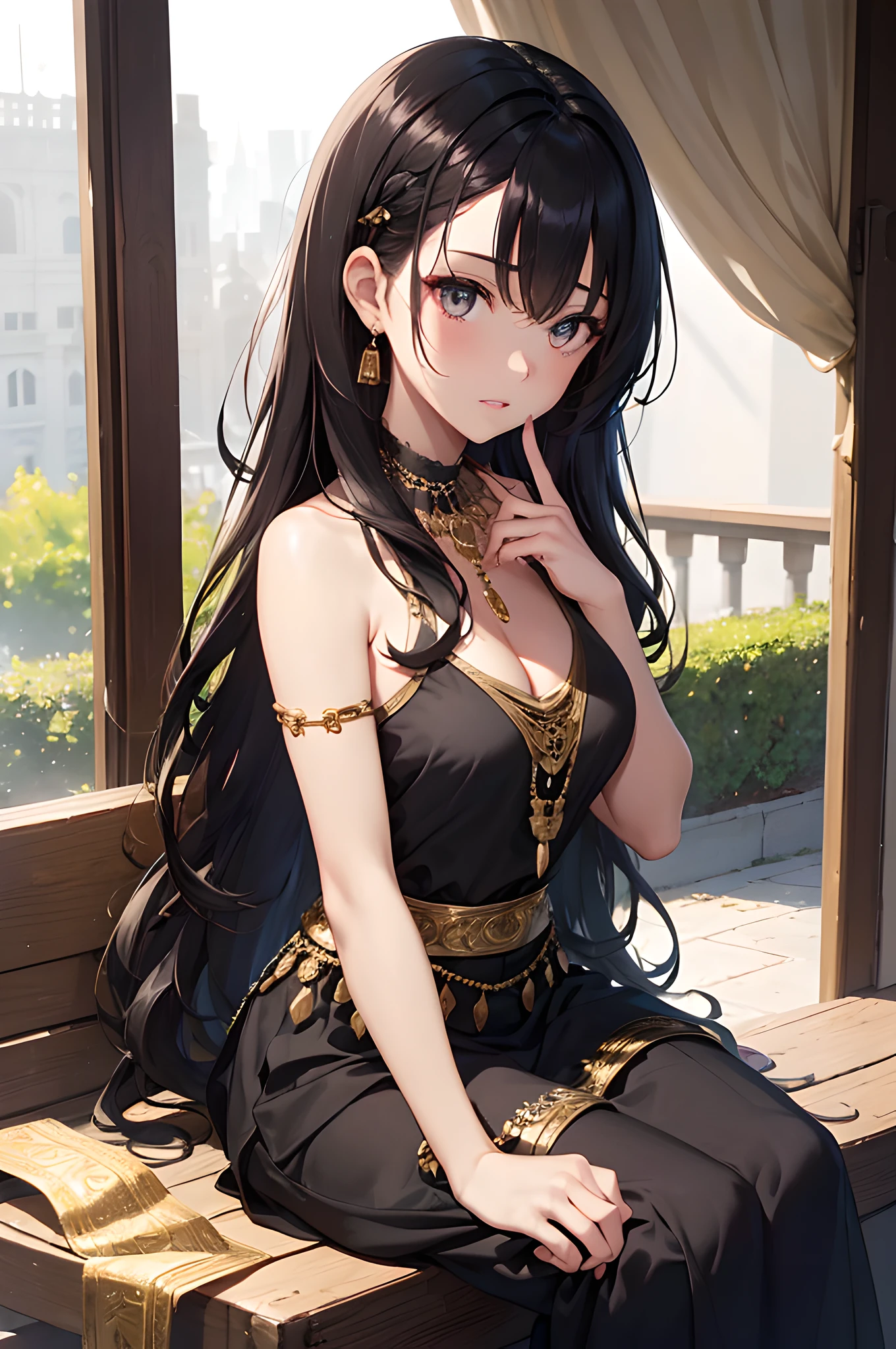 (masterpiece), (portrait), (aesthetic), (beautiful), (upper blody), (high quality), (aesthetic clothings), (professional angle), (rule of thirds), (Feminine), (woman), (female), (beautiful),(feminine features), (25 years), solo, 1 woman, (attractive Egyptian), Summer, Natural light, (Sitting), Dramatic Makeup, (Large bust), ((holding a Papyrus Scroll)), (Side face), (Intense expression), ((Mysterious Mood)), Statement Necklace, ((Long hair)), (Black hair), (Wavy hair), (Thick hair), Glossy shine hair, (Hairpin in hair), (Brown eyes), (Exotic and Elegant look), (Olive skin), (Embellished clothing), (Flowy Dress), (-), (Skirt), Halter Neck neckline), ((Urban background)), (- in background), (Full Shot shot), beautiful hands, two hands, normal hands, two arms, complete hands, beautiful body, beautiful fingers, normal fingers, five fingers, five fingers, (Thumb index meddle ring little fingers), beautiful ears, normal ears, beautiful eyes, shiny eyes, beautiful mouth, beautiful lips,