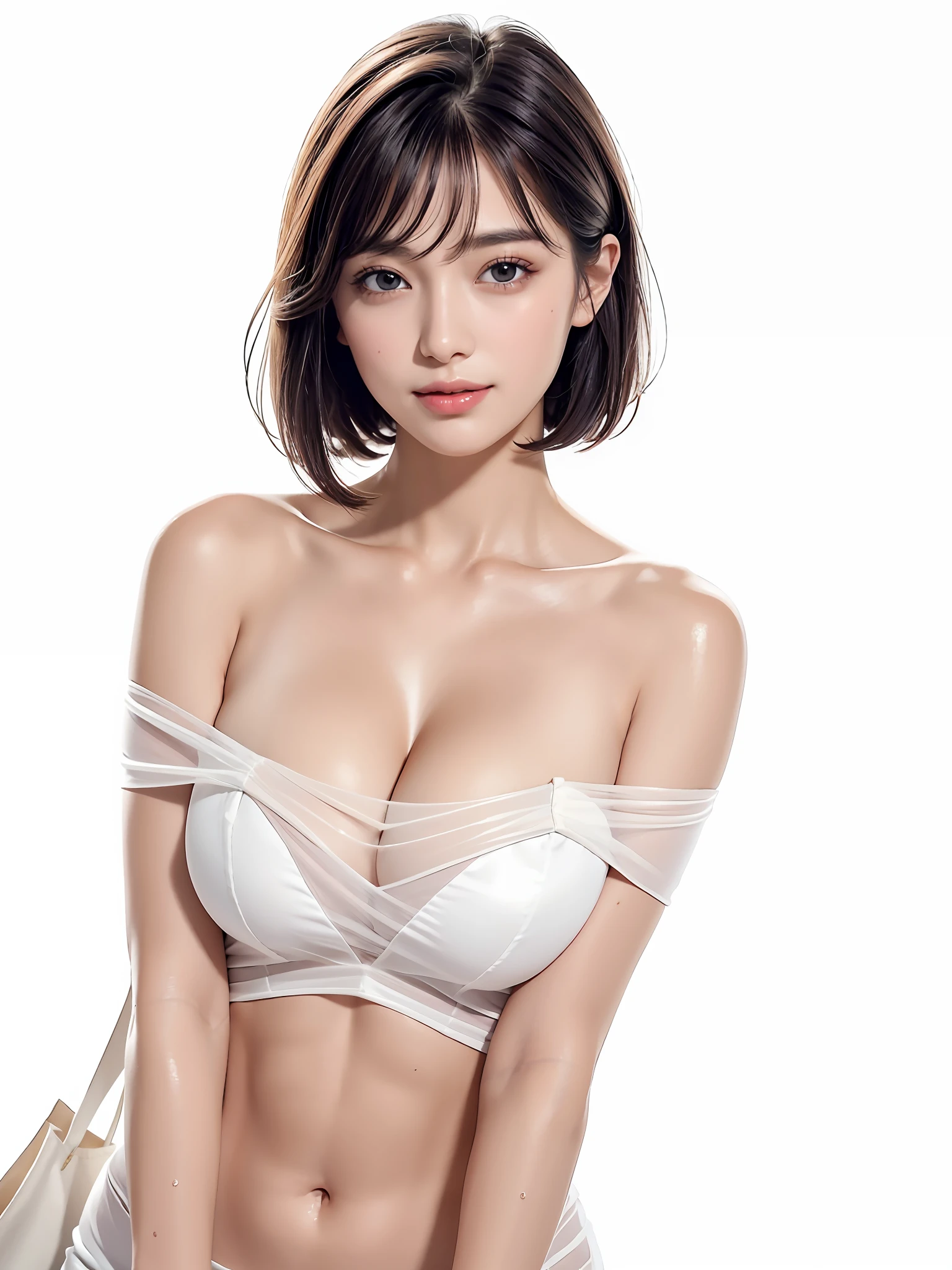 Fit Body, Masterpiece, Best Quality, Lisa, Girl, Symmetrical Face, Detailed Cleavage View, Tote Shirt, Orchan, (PureErosface_V 1:0.7), Wet Skin, Blush (Best Quality, 8k, 32k, Masterpiece, UHD:1.2), Cute Japan Woman Pictures, One Girl, (Big), (Tall Woman), (Abs) , (lips), closed mouth, (medium short), double eyelids, wet skin, only one very beautiful woman, very sexy body, gaze staring directly at the camera, golden ratio face, golden ratio body, big breasts looking directly at the camera, non-part-time sexy expression, chest between arms to create cleavage, chest closer, coquettish smile, very happy smile, skin luster, Big eyes, highlights in the pupils, distinct double eyelids, eyelashes, long neck, beautiful short hair, glossy dark black hair, bangs, pure white background, empty background, crystal clear white off-shoulders, clothes that seem to be visible but not visible, overwhelming charm