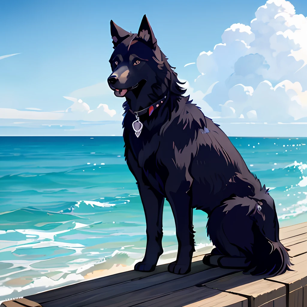 A black husky by the sea, realistic