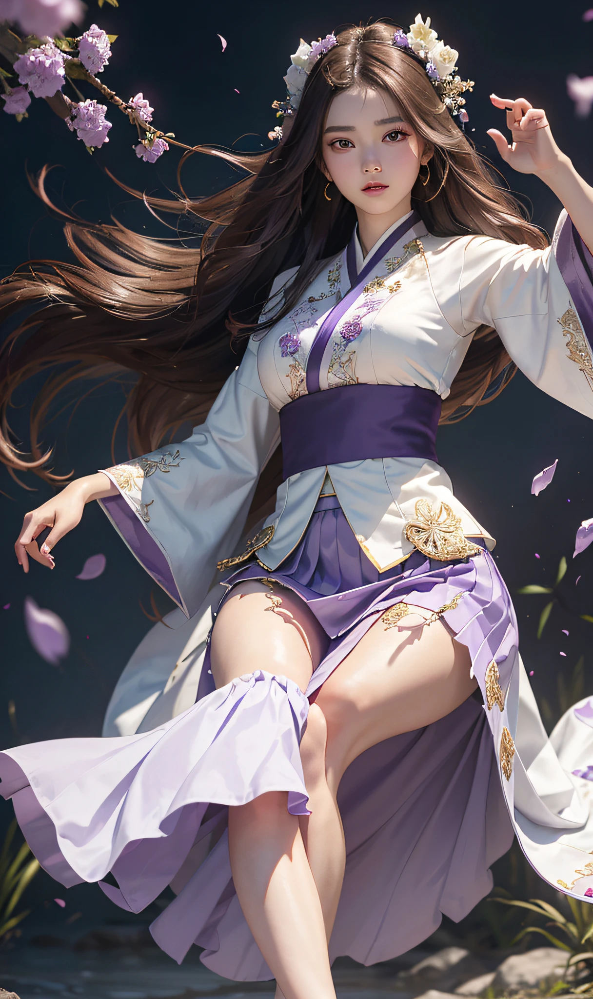 Superb Quality, Masterpiece, High Resolution, (Exquisite Body: 1.5), Stunning Beauty, (Milky Skin: 1.3), Exquisite Details, High Resolution, Wallpaper, 1 Woman, Solo, Dress, Hair Accessories, (((Purple Skirt)) ), Flower, Long Hair, Brown Hair, Shut Up, Accessories, Long Sleeves, Raised Hands, Wide Sleeves, Big Eyes, Flowing Hair, Hanfu, Hanfu, Embroidery, Long Skirt, Natural Pose, Falling Petals, (Inside the Court), Fanning, 16K, HDR, High Resolution, Depth of Field, (Film Grae: 1.1), Bocon, Primetime, (Lens Glow), Vignette, Rainbow, (Color Grading: 1.5)