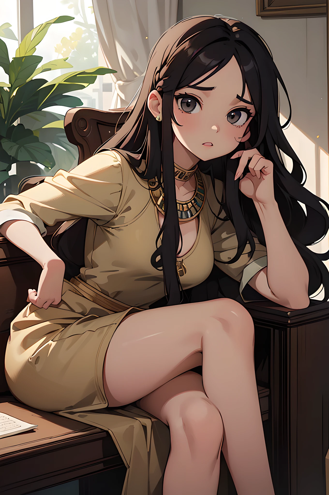 (masterpiece), (portrait), (aesthetic), (beautiful), (upper blody), (high quality), (aesthetic clothings), (professional angle), (rule of thirds), (Feminine), (woman), (female), (beautiful),(feminine features), (25 years), solo, 1 woman, (attractive Egyptian), Summer, Natural light, (Sitting), Dramatic Makeup, (Large bust), ((holding a Papyrus Scroll)), (Side face), (Intense expression), ((Mysterious Mood)), Statement Necklace, ((Long hair)), (Black hair), (Wavy hair), (Thick hair), Glossy shine hair, (Hairpin in hair), (Brown eyes), (Exotic and Elegant look), (Olive skin), (Embellished clothing), (Flowy Dress), (-), (Skirt), Halter Neck neckline), ((Urban background)), (- in background), (Full Shot shot), beautiful hands, two hands, normal hands, two arms, complete hands, beautiful body, beautiful fingers, normal fingers, five fingers, five fingers, (Thumb index meddle ring little fingers), beautiful ears, normal ears, beautiful eyes, shiny eyes, beautiful mouth, beautiful lips,
