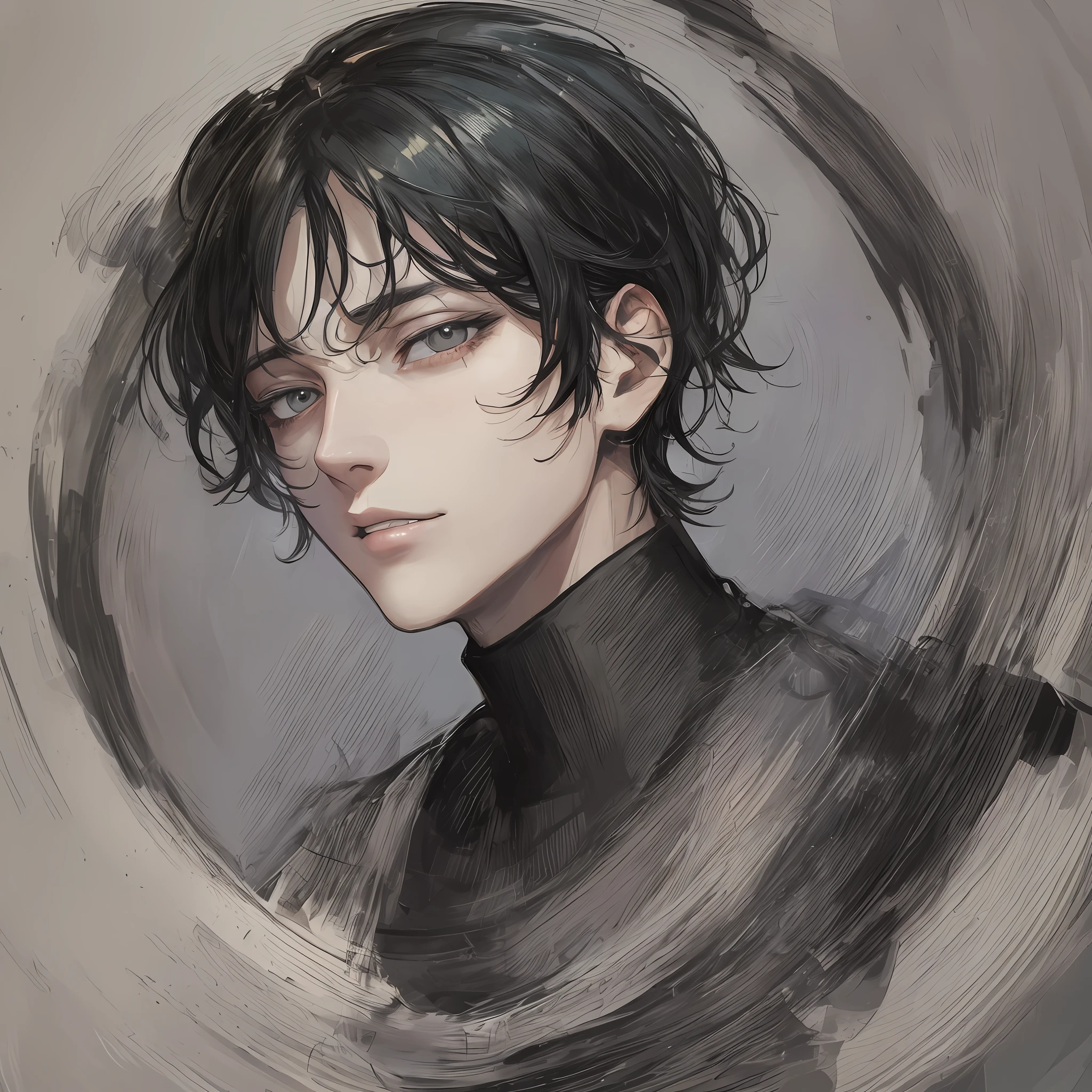 "(cartoon, painting style, close up centered portrait) portraying a man wearing a black turtle neck shirt, very dark defined eye circles, half-closed eyes, and short black hair, defined lips, defined neck, defined jawline, looking at the viewer, blank background, - resulting in a masterpiece of the best possible quality