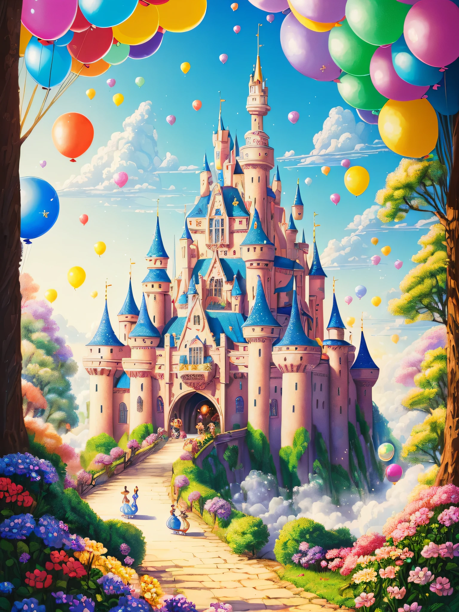 (Best quality),(masterpiece),(ultra detailed),(high detailed),(extremely detailed),Beautiful Children's Book Covers, colorful and whimsical,(best quality),(soft and sweet),(adorable,plentiful,animal companions),(vivid and dynamic illustrations),(balloons and bubbles,joyful and playful),(sparkling eyes and sweet smiles),(bright and lovely flowers),(fairy tale wonderland,enchanted forest,castle in the clouds)