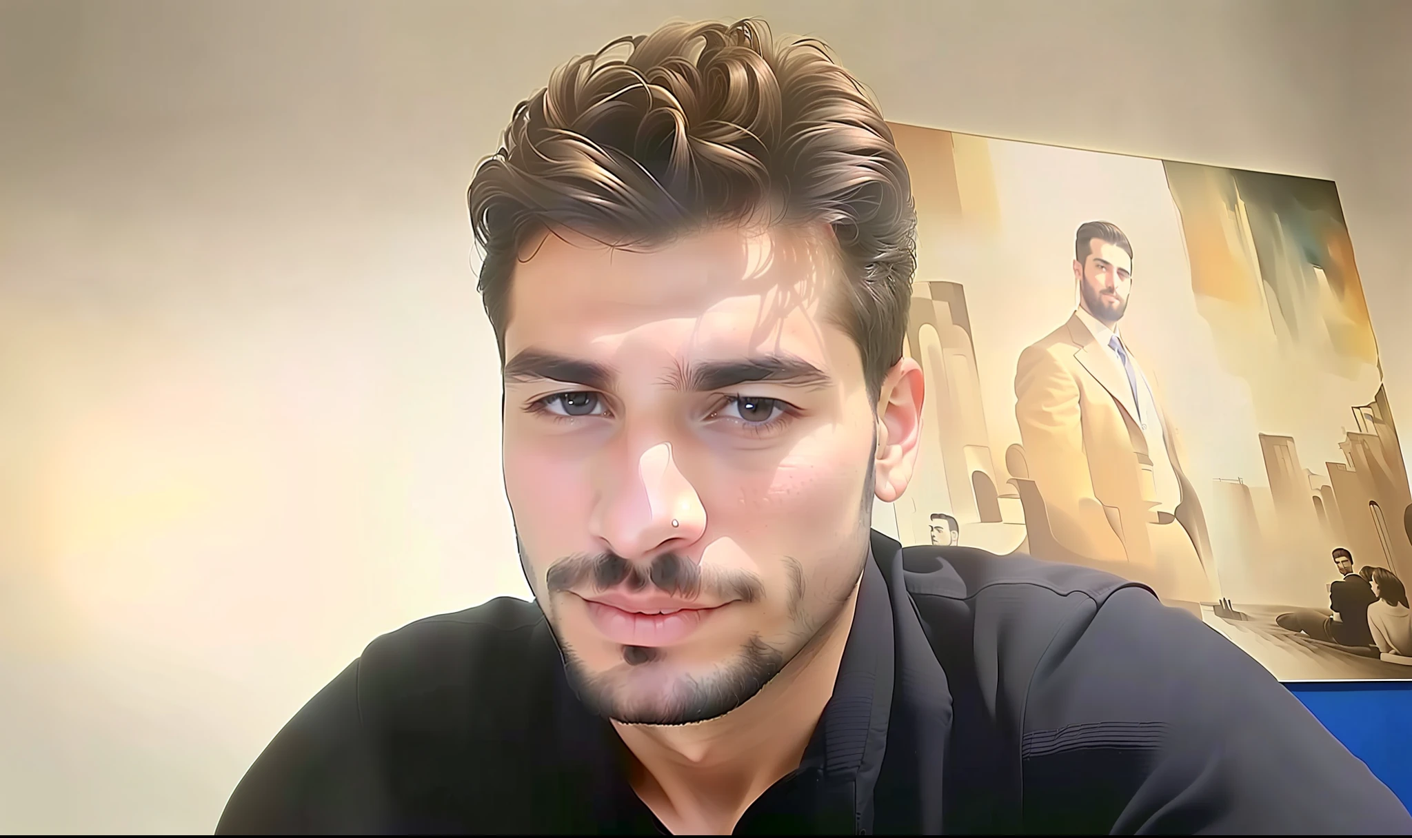 there is a man that is taking a selfie in front of a painting, aykut aydogdu, emad mostaque, profile image, profile pic, around 1 9 years old, portait photo profile picture, profile photo, very very low quality picture, with a small beard, aykut aydogdu zener, picture, eytan zana