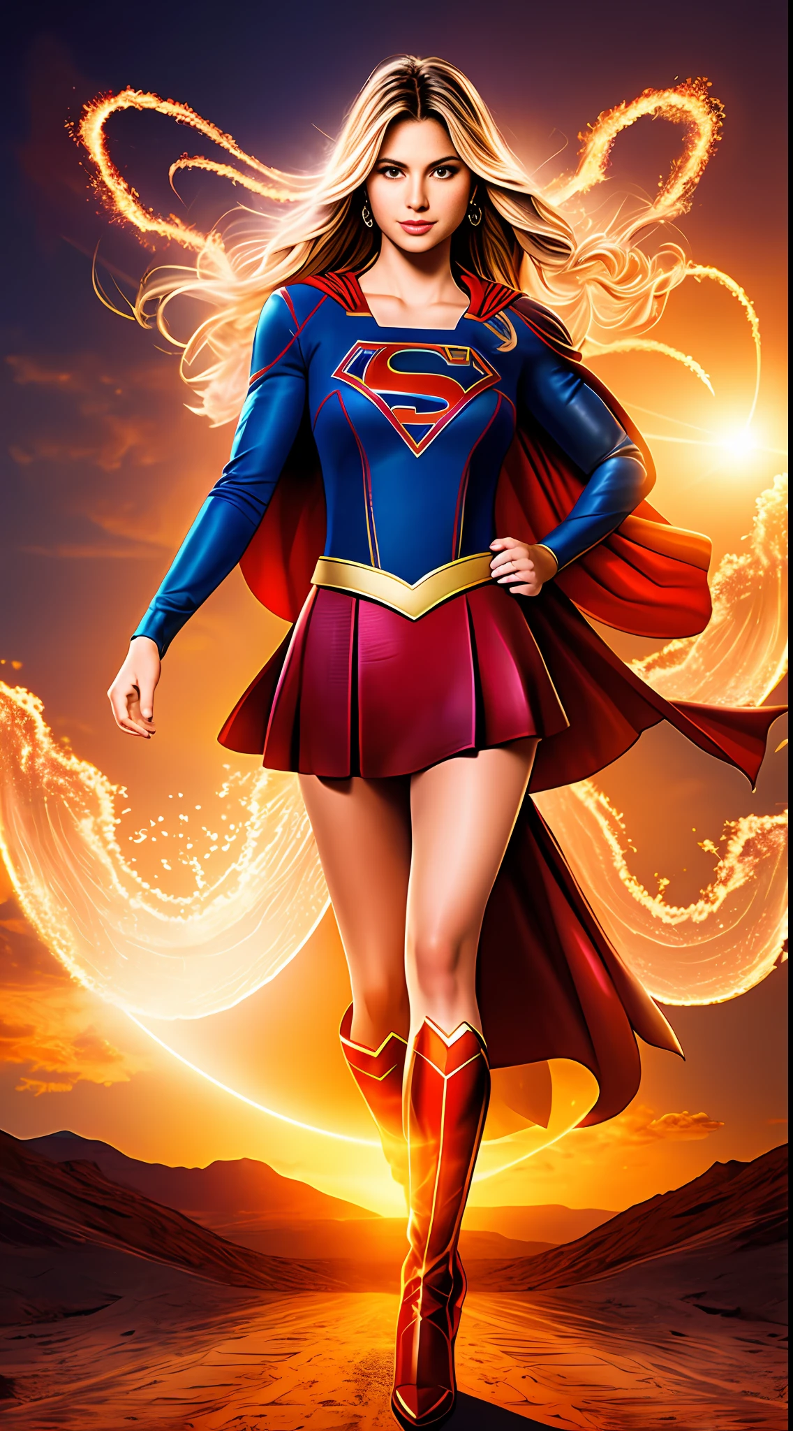 Create Michele Pfeifer, photo of (Supergirl:1.1), Full body photography of the most beautiful artwork in the world, a beautiful woman in intricate costume burning in the desert, rainbow colors, ArtStation, CGSociety, complex, high detail, clear focus, dramatic, realistic pictorial art trends Greg Rutkovsky