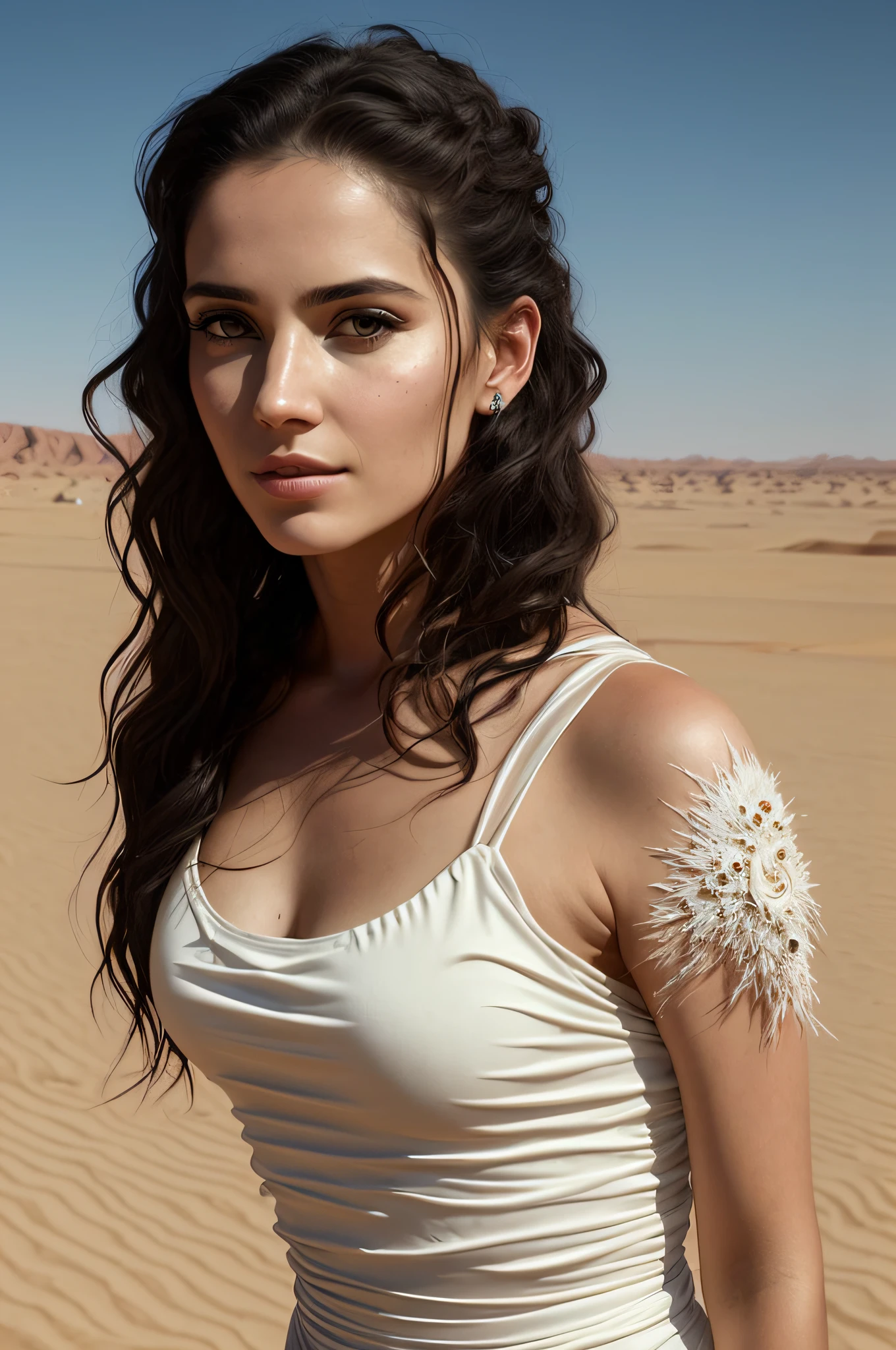 Young woman 30 year old beautiful playing piano on fire in desert, Mad Max style, porous skin, wavy long black hair, flowing white dress, realistic, super detailed, ((masterpiece)), ((best quality)), ((realistic)), amazing quality,