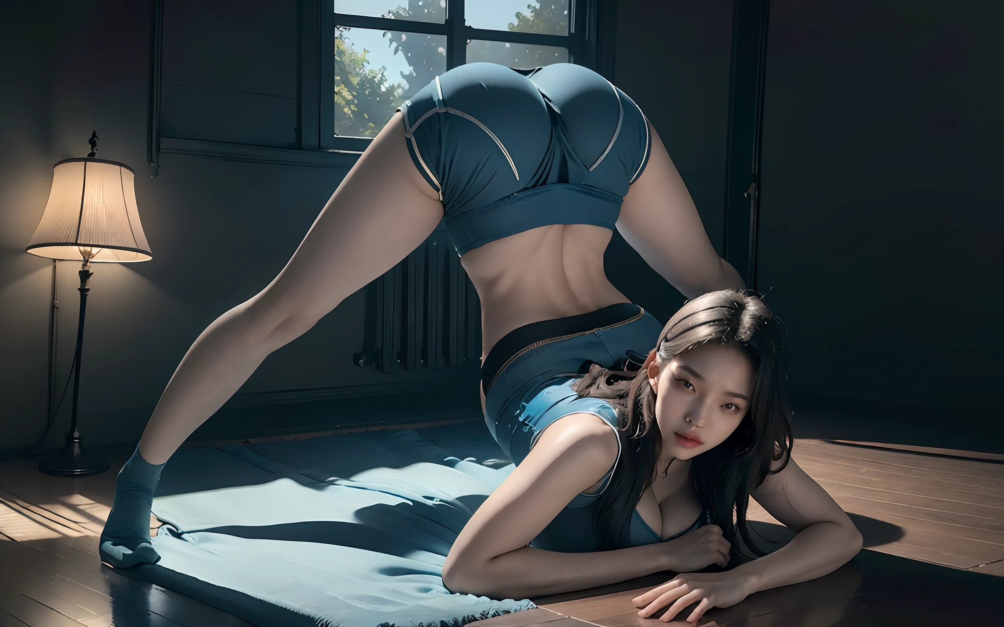 jackopose, top-down bottom-up, juliachang, ((blue shorts)), digital painting, artstation, concept art, donato giancola, Joseph Christian Leyendecker, WLOP, Boris Vallejo, Breathtaking, 8k resolution, extremely detailed, establishing shot, artistic, hyperrealistic, octane render, cinematic lighting, dramatic lighting, masterpiece
