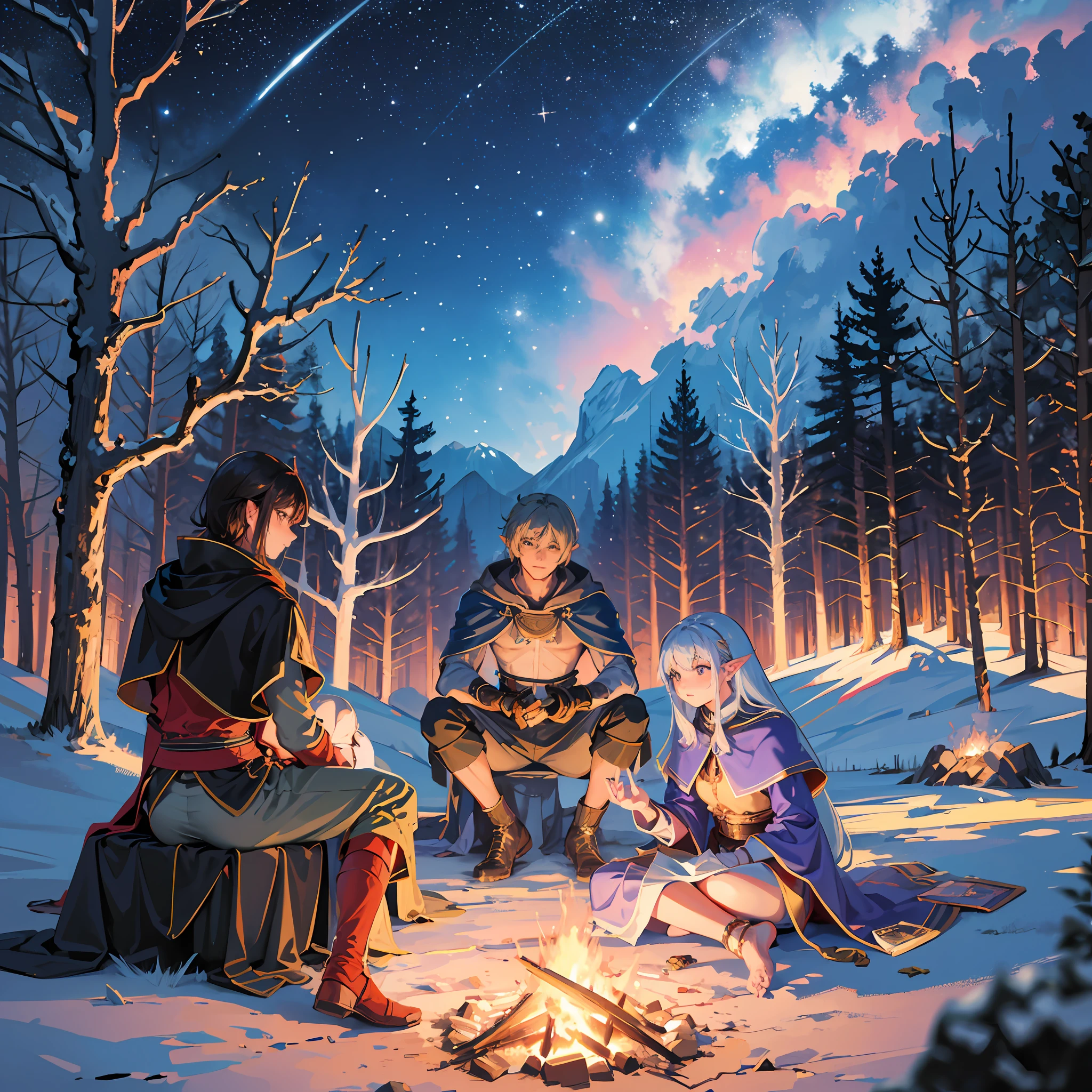 masterpiece, best quality, highres,,quiet scenery in the middle of a forest at night,A group of adventurers is sitting around a warm campfire, An elf archer, sits on a nearby rock, admiring the beauty of the starry sky, a human hero, wearing shining armor and a sword resting on his lap, joins the contemplation of the stars, Next to them, a human martial artist sits quietly, taking a moment to admire the majesty of the night sky. The stars shine overhead, creating a magical backdrop and reflection in the midst of nature.