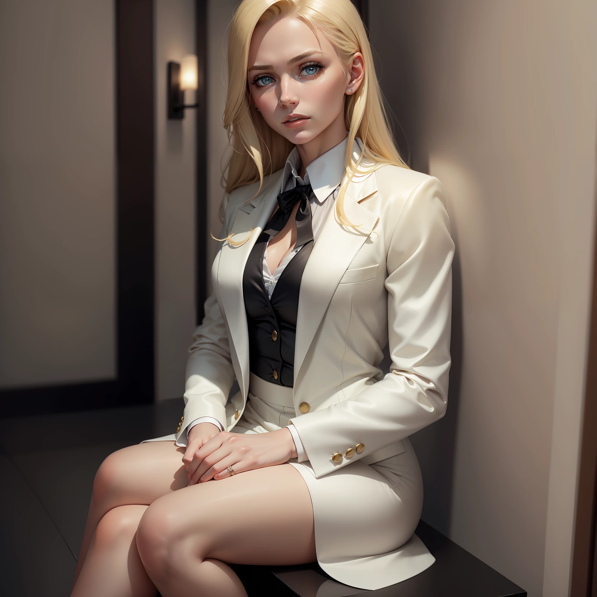 Ultra realistic image of a beautiful blonde woman, light eyes, dressed in a formal ensemble with a white blazer with black details, sitting in a private bathroom, perfect hands, looking scared to the side
