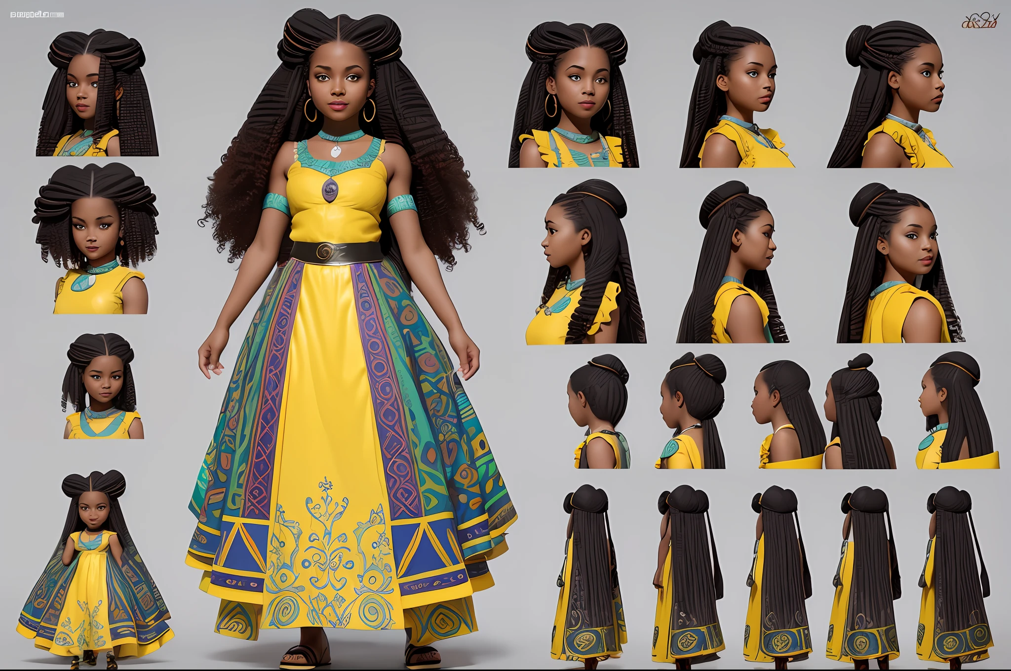 final art of a body head bahian afro brazilian girl,with braids and with a yellow gown,arms crossed,smiling looking with black eyes deelhado high quality character design, character design art, children's art in 3d rendering, highly detailed character design, cartoon concept art, character design, professional character design,  character design concept art, colorful concept art design illustration, character concept art, stylized character design, [ character design