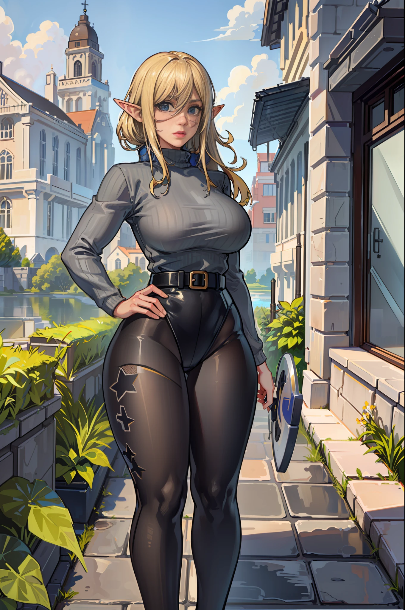 1girl, ((((solo))), masterpiece, best quality, agrias, gray sweater, black mesh, (((standing))), (((looking at the viewer)))), blonde hair, elf ear, ((((large breasts)))