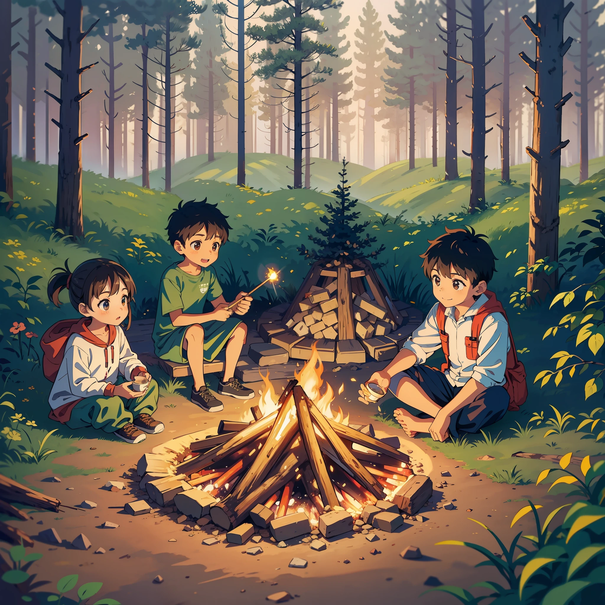 Camping site, kids playing, campfire, sitting on a log, stones, forest, woods, smoke, barbecue, Marshmallows are roasted over the fire