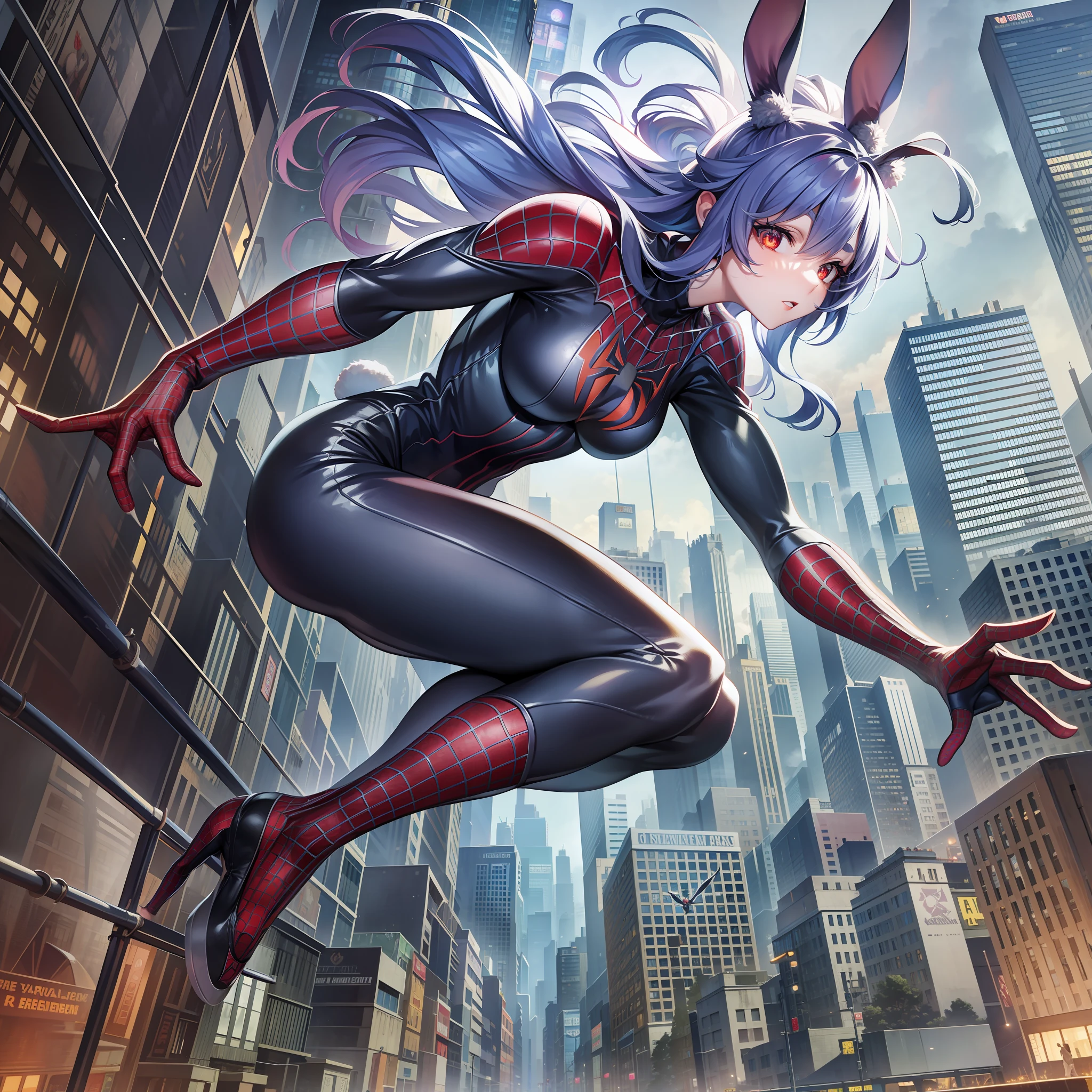 Full body portrait, spider-man cosplay, swinging through buildings in a spider's web, sprawling metropolis in futuristic dystopia, rabbit-shaped pupils, masterpiece, best quality, CG, wallpaper, HDR, high quality, high-definition, extremely detailed, 1girl,