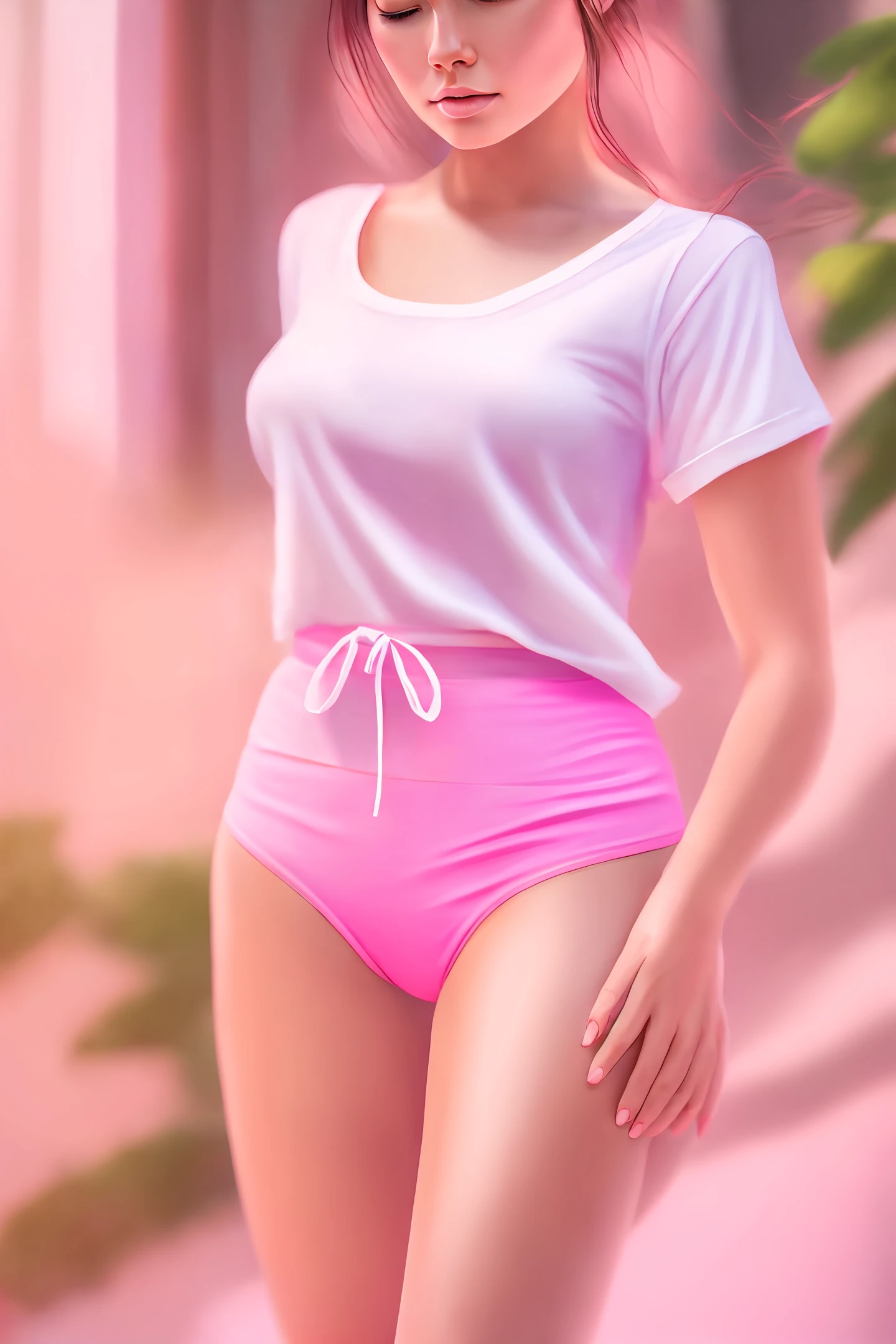 A woman in pink panties and a white T-shirt.:: photorealistic::1 natural lighting::1 telephoto lens::2 --v 4 --quality 2 --auto --s2