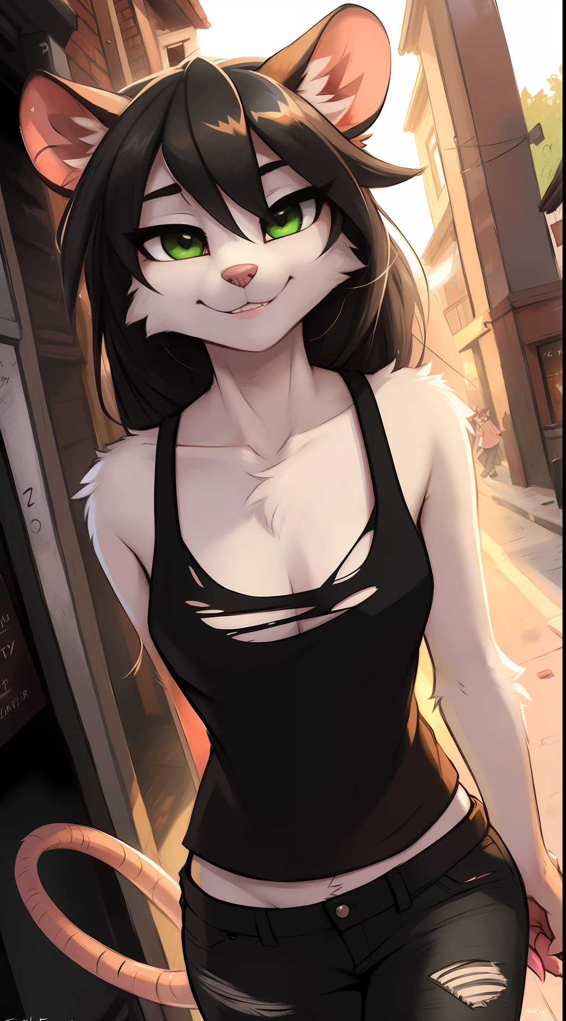 (best quality: 0.8), (best quality: 0.8), perfect anime illustration, extreme close-up portrait of a pretty woman walking around town, possum girl, torn black tank top, black long pants, black sneakers, green eyes, white body, black long hair, detailed fur, detailed body, detailed lighting, beautiful, by fluff-kevlar, by Zackary911, by Kenket, by Kilinah, by fluff-kevlar