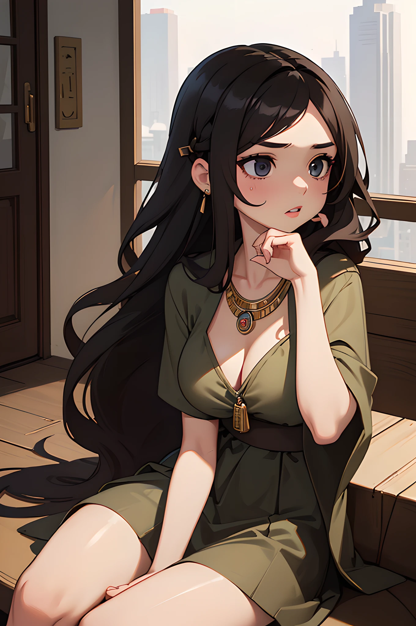 (masterpiece), (portrait), (aesthetic), (beautiful), (upper blody), (high quality), (aesthetic clothings), (professional angle), (rule of thirds), (Feminine), (woman), (female), (beautiful),(feminine features), (25 years), solo, 1 woman, (attractive Egyptian), Summer, Natural light, (Sitting), Dramatic Makeup, (Large bust), (()), (Side face), (Intense expression), ((Mysterious Mood)), Statement Necklace, ((Long hair)), (Black hair), (Wavy hair), (Thick hair), Glossy shine hair, (Hairpin in hair), (Brown eyes), (Exotic and Elegant look), (Olive skin), (casual clothing), (Flowy Dress), (-), (Skirt), Halter Neck neckline), ((Urban city background)), (- in background), (Full Shot shot), beautiful hands, two hands, normal hands, two arms, complete hands, beautiful body, beautiful fingers, normal fingers, five fingers, five fingers, (Thumb index meddle ring little fingers), beautiful ears, normal ears, beautiful eyes, shiny eyes, beautiful mouth, beautiful lips,