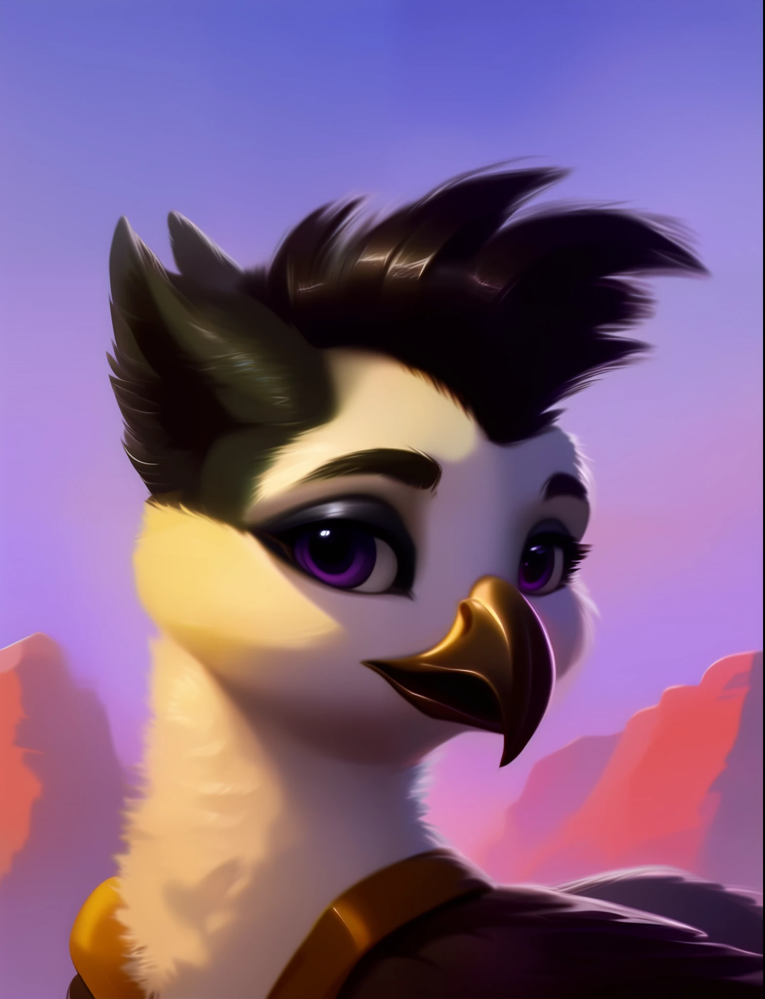 rating_safe, score_9, (feral griffon), female, white body, dark purple eyes, black hair, folded wings, mohawk, looking at you, black eye shadow, digital artwork, oil painting, soft shading, portrait