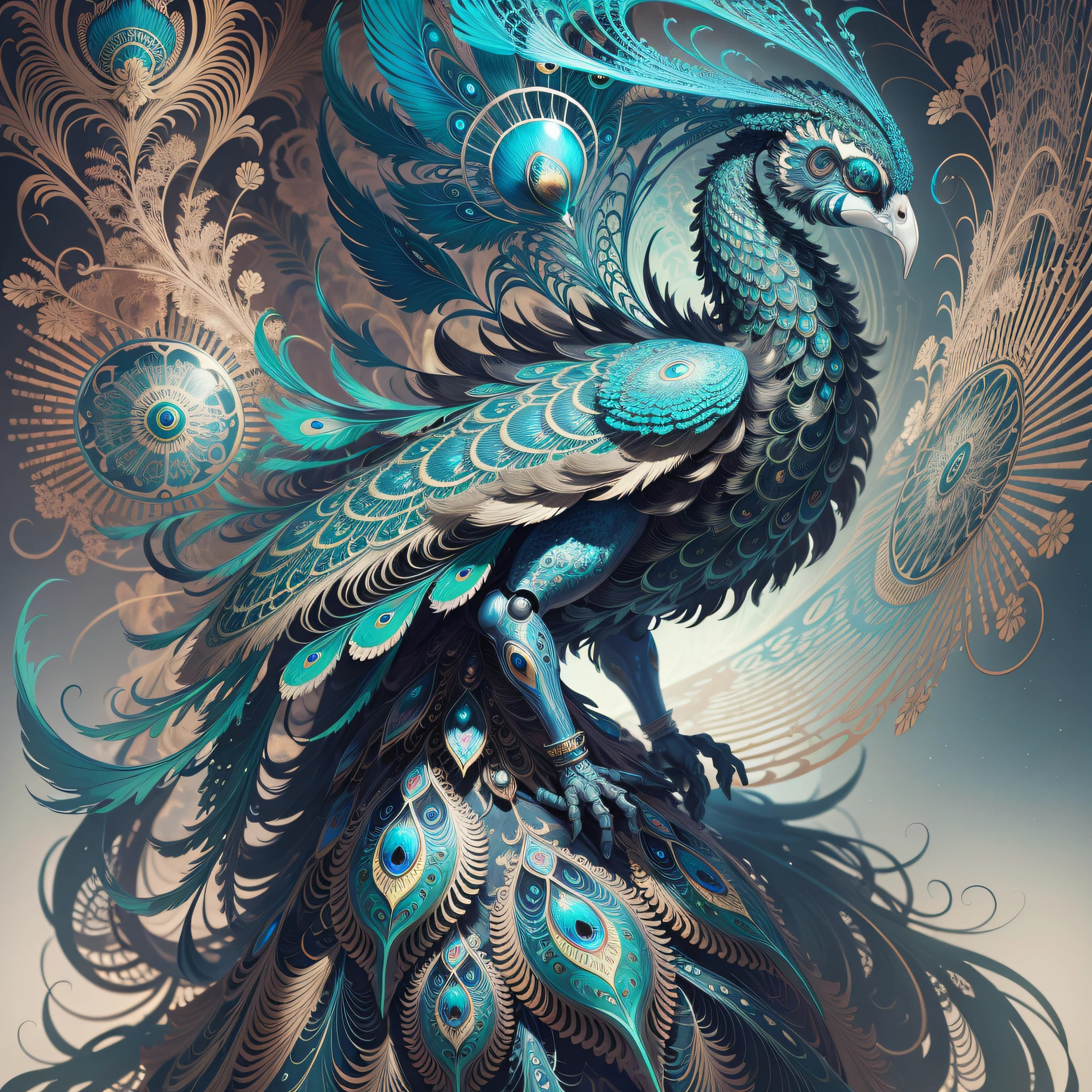Robot mechanical peacock, robot wing, Ernst Haeckel, James Jean. generative art, baroque, intricate patterns, fractalism, film stills, realism, vibrant peacock feathers, intricate, elegant, very detailed, digital painting, artstation, smooth, clear focus, illustration, outrun, vaporware, full body shot