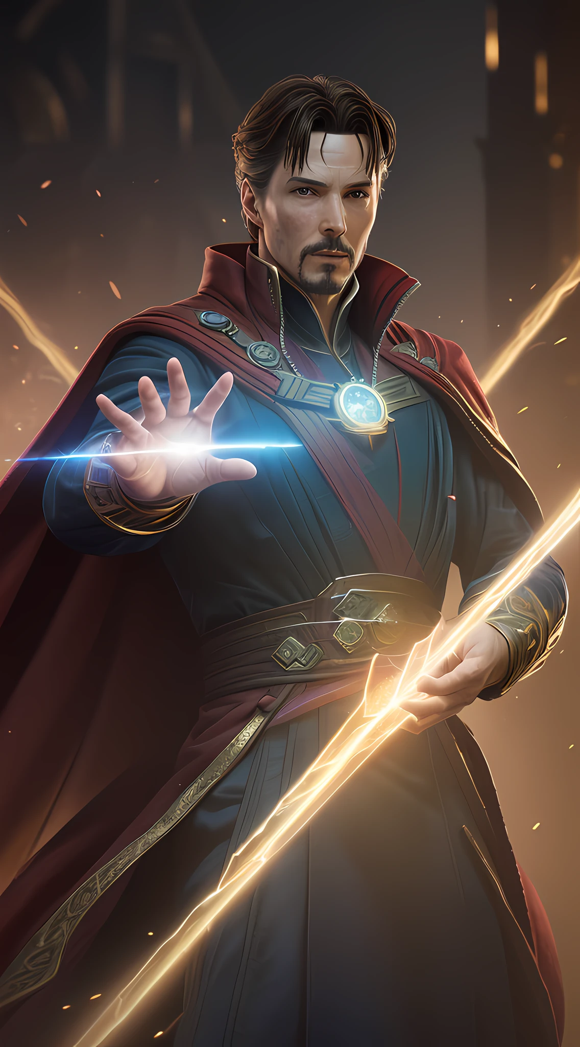 (capture the heroic aura and Steve Strager Doctor Strange Earth's Supreme Mage), (photorealistic), (soft and cinematic lighting), (ultra-realistic details), (ultra-high definition, 16k resolution), (high-quality Octane texture), (trend in ArtStation) using his spells.