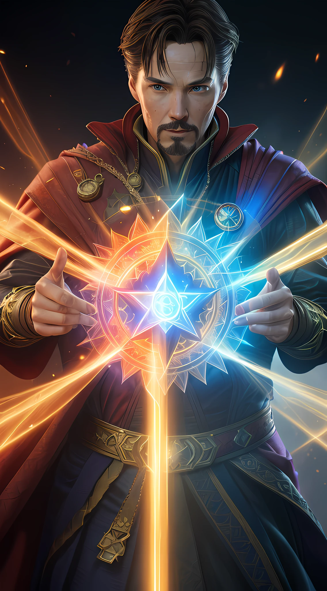 (capture the heroic aura and Steve Strager Doctor Strange Earth's Supreme Mage), (photorealistic), (soft and cinematic lighting), (ultra-realistic details), (ultra-high definition, 16k resolution), (high-quality Octane texture), (trend in ArtStation) using his spells.