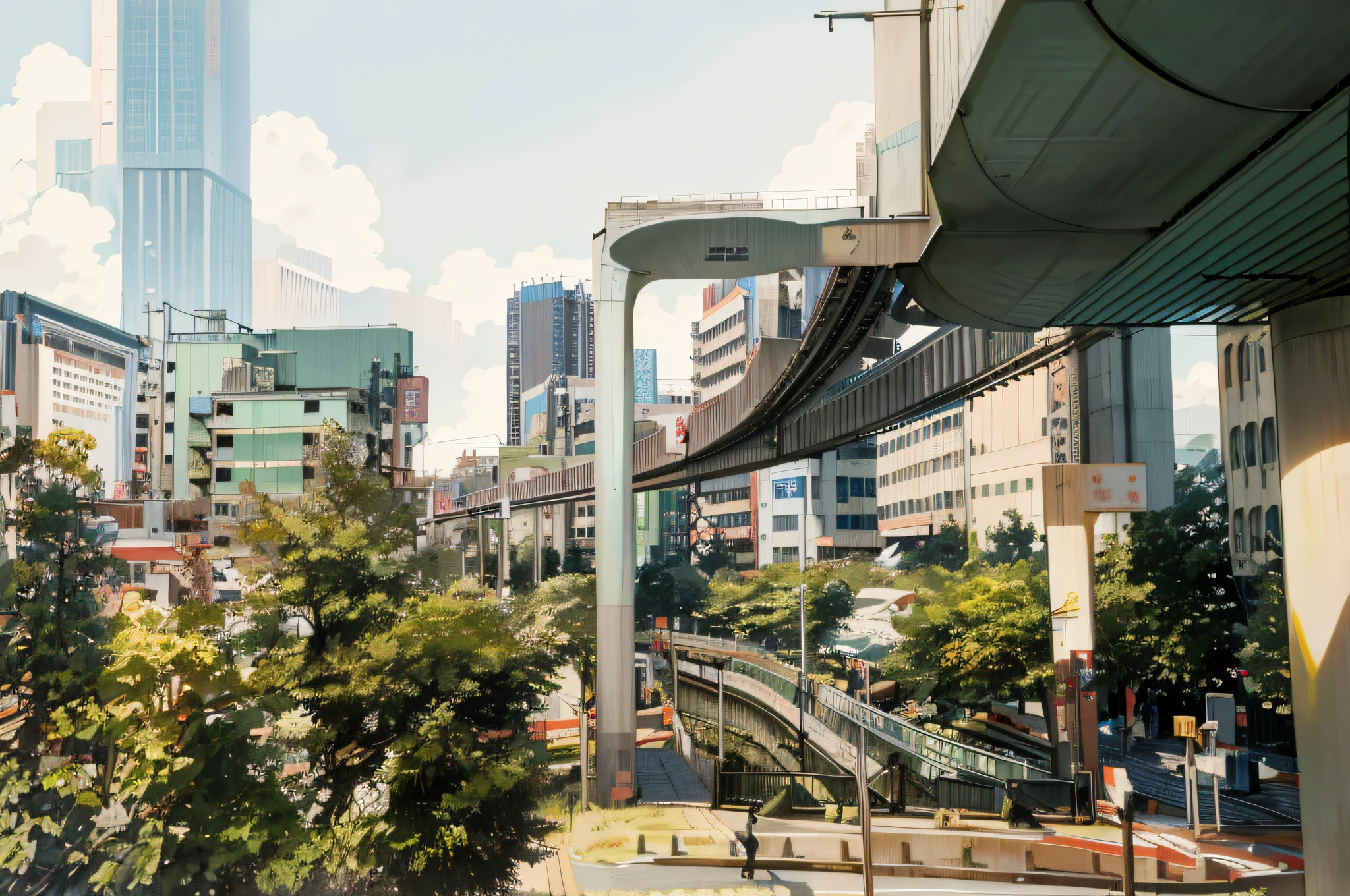 there is a train going down the tracks in the city, japanese downtown, tokio futuristic in background, residential area, tokyo futuristic and clean, in neotokyo, monorail station, tokyo street cityscape, monorail, surrounding the city, tokyo - esque town, japanese city, cyberpunk gunma prefecture, in tokio, taken with sigma 2 0 mm f 1. 4