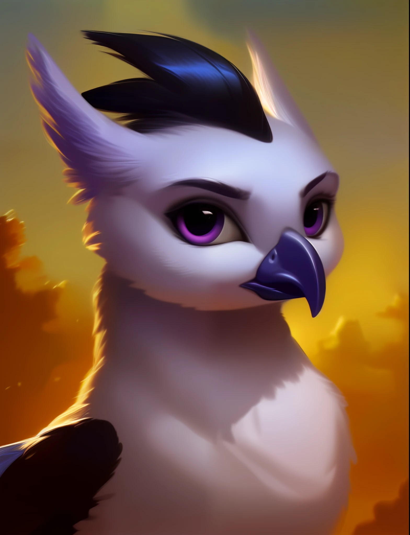 rating_safe, score_9, (feral griffon), female, white body, dark purple eyes, black hair, folded wings, mohawk, looking at you, black eye shadow, digital artwork, oil painting, soft shading, portrait