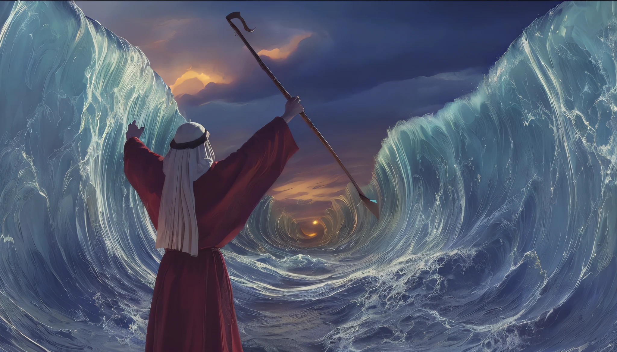 rounded image of a man with a red robe standing on a wave, Moses, epic biblical depiction, the sea and storms behind him, the god of the sea, god of the ocean, torment and waves, standing in a whirlwind, holding his trident, biblical illustration, red sea, concept art of God, biblical painting, high quality image