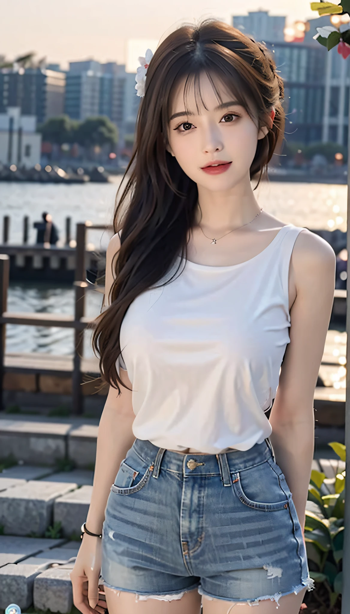 Masterpiece, best quality, (realistic, photorealistic: 1.37), 8k, an extremely refined and beautiful, amazing, fine details, official art, ridiculous, incredibly ridiculous, huge file size, super detailed, extremely detailed, beautiful meticulous girl, 1 girl, (perfect female figure), full body, t-shirt, shorts, long legs, no breasts.
