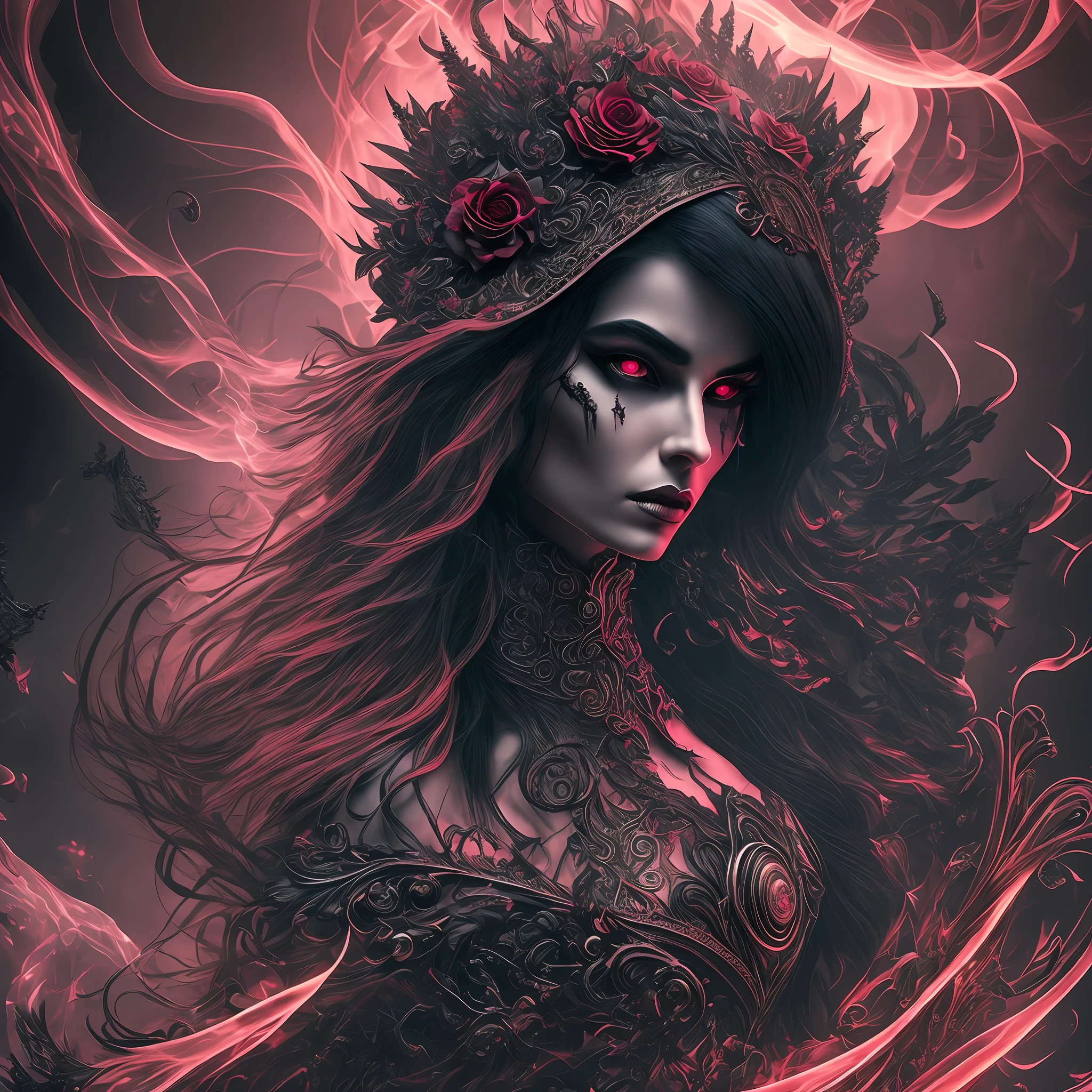(masterpiece, best quality, detailed CG illustration, with a beautiful magical black theme, grotesque, twisted and rotten) in a dark environment, with neon lights and hollow effect, long black hair and red eyes, details in decadent magic and oval shapes hovering in the air, a bit of smoke and mist, closer to the ground, I don't even want to talk about how decadent your clothing is!" --auto --s2