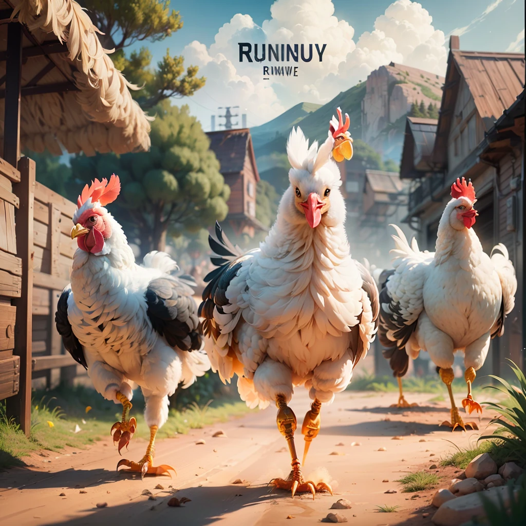 Create a logo ((with the word "Runaway" written in a large font)) for a game ((Futuristic Universe)) based on the movie "Chicken Run" ((Robotic Chickens)) --auto --s2
