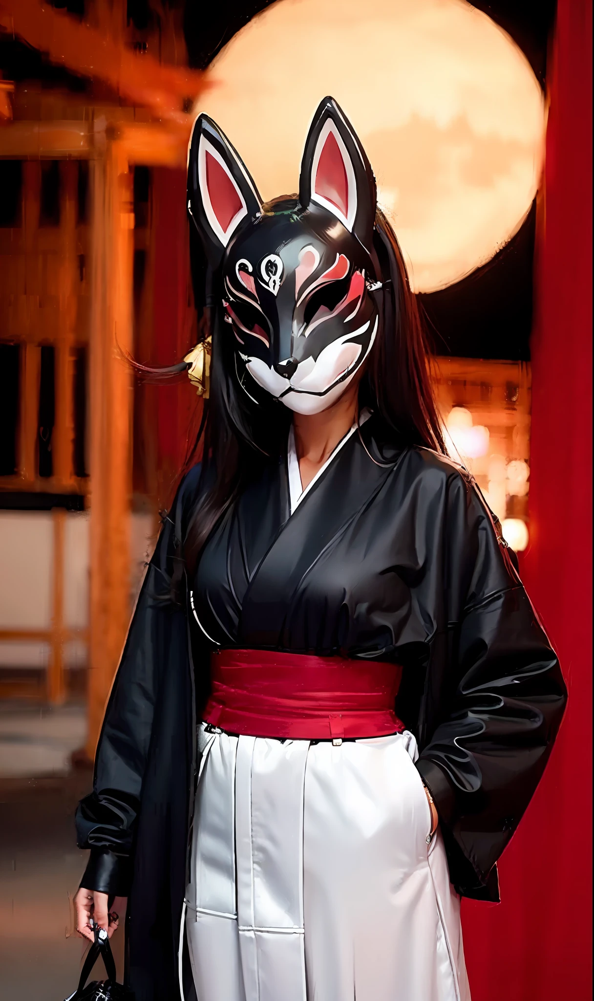 lantern, fox mask person wearing fox mask on face, woman, jet black, long coat, shorts, red full moon, moonlit night, Japan castle