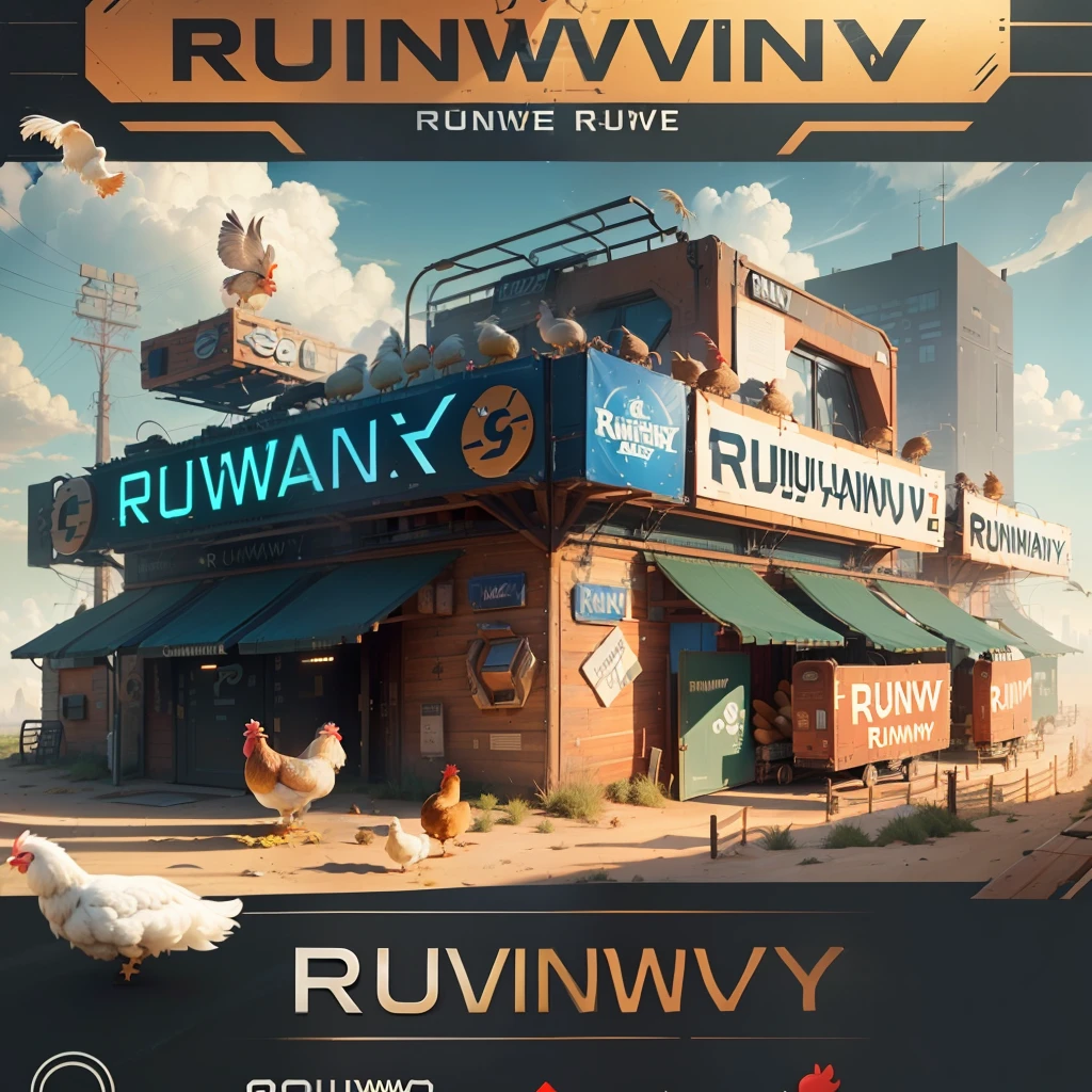 Create a logo ((with the word "Runaway" written in a large font)) for a game ((Futuristic Universe)) based on the movie "Chicken Run" ((Robotic Chickens)) --auto --s2