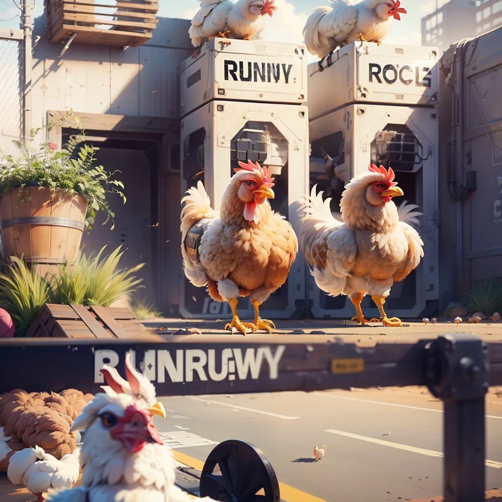 Create a logo ((with the word "Runaway" written in a large font)) for a game ((Futuristic Universe)) based on the movie "Chicken Run" ((Robotic Chickens)) --auto --s2