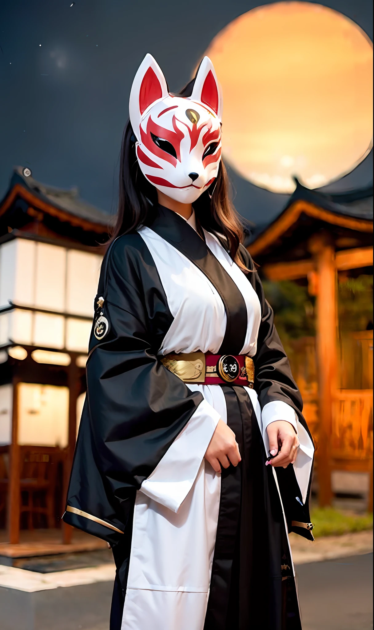 lantern, fox mask person wearing fox mask on face, woman, jet black, long coat, shorts, red full moon, moonlit night, Japan castle